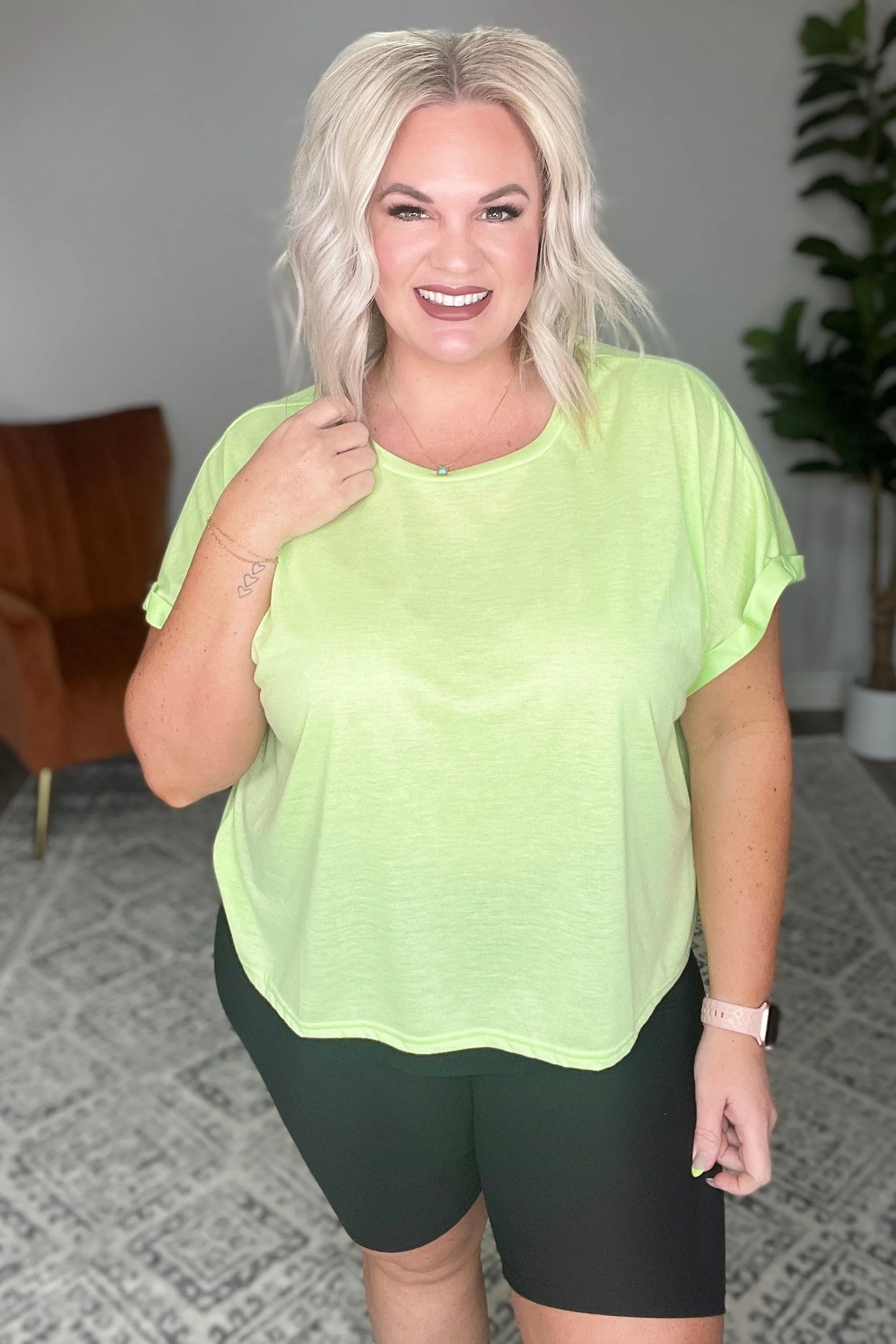 Hazel Blues® |  Round Neck Cuffed Sleeve Top in Lime