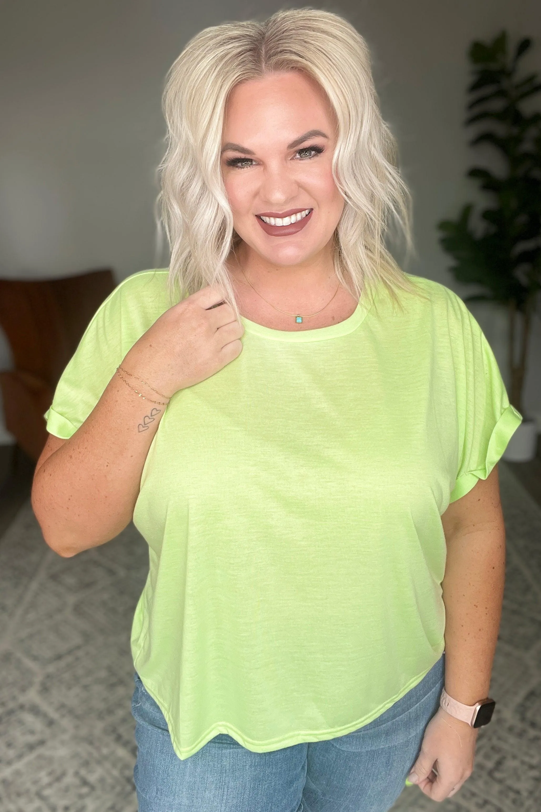 Hazel Blues® |  Round Neck Cuffed Sleeve Top in Lime