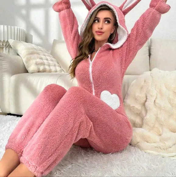 Heart Pattern 3D Ear Design Hooded Flannel Sleep Jumpsuit
