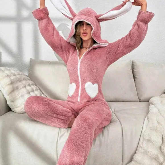 Heart Pattern 3D Ear Design Hooded Flannel Sleep Jumpsuit