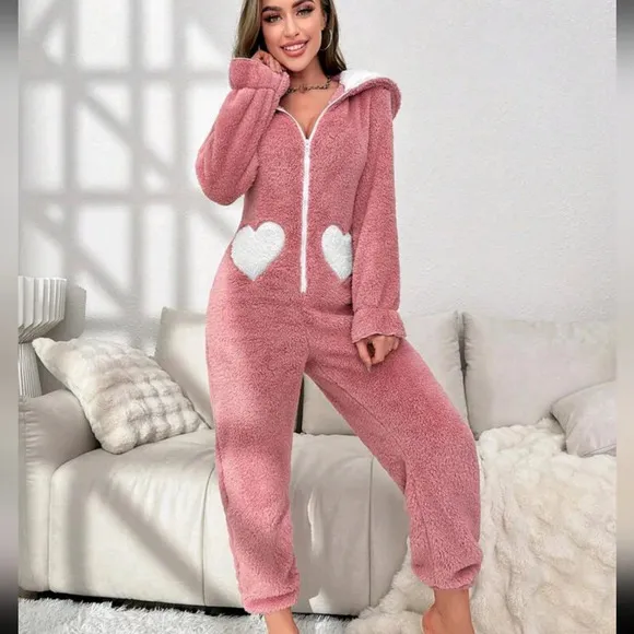 Heart Pattern 3D Ear Design Hooded Flannel Sleep Jumpsuit