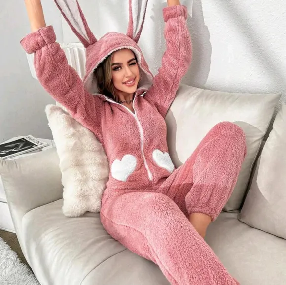 Heart Pattern 3D Ear Design Hooded Flannel Sleep Jumpsuit
