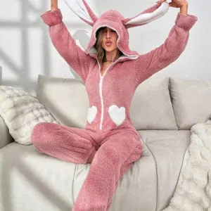 Heart Pattern 3D Ear Design Hooded Flannel Sleep Jumpsuit