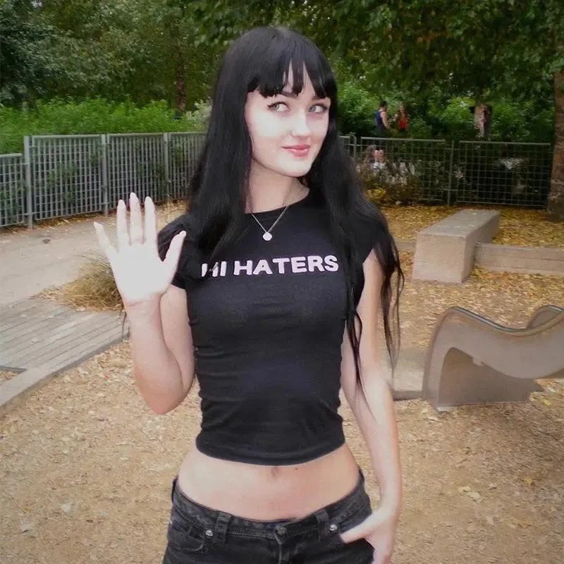 Hi and Bye Haters Crew Neck Crop Top for Y2K Style