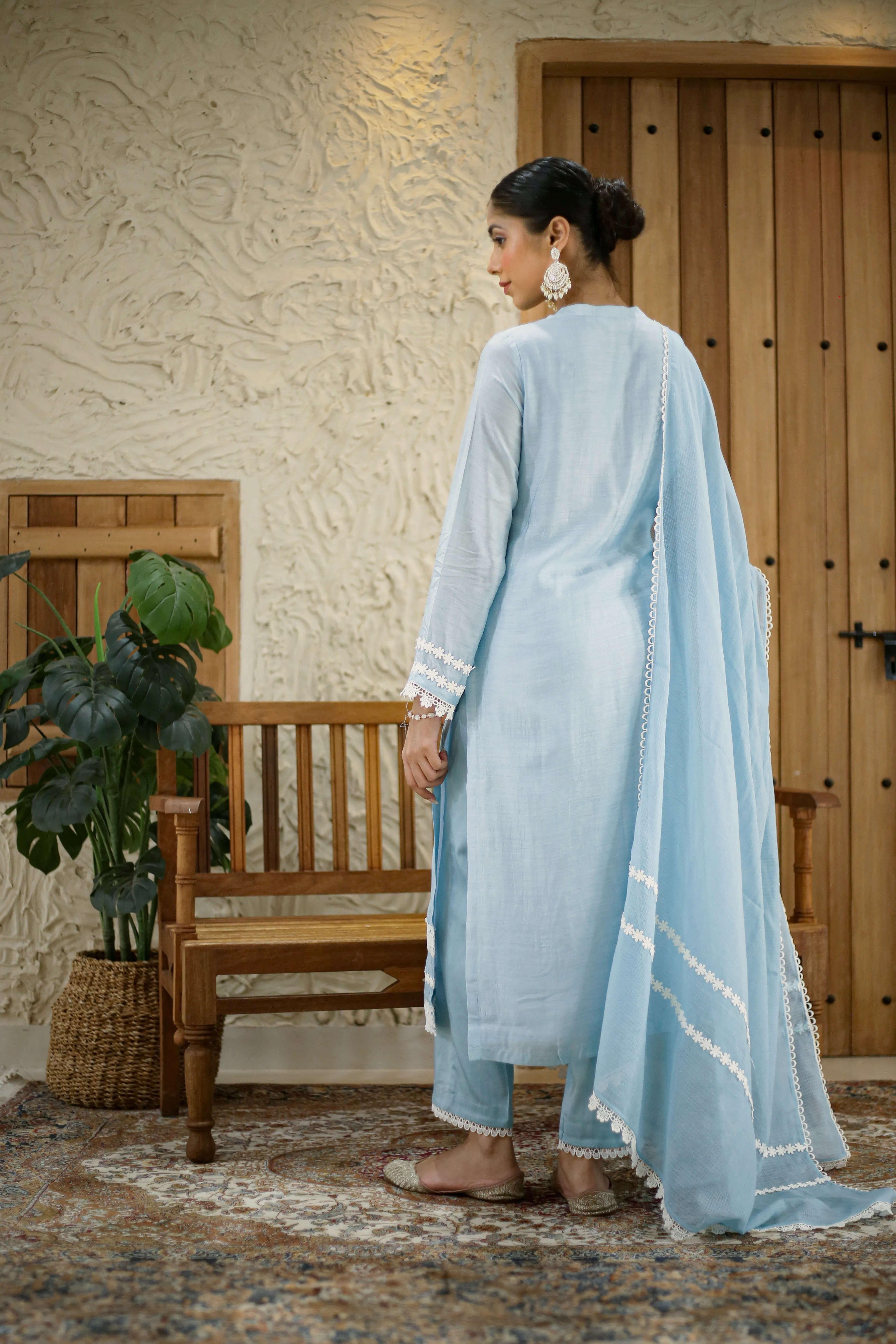Ice Blue Muslin Embroidered Ready To Wear Kurta Set With Pant With Kota Dupatta