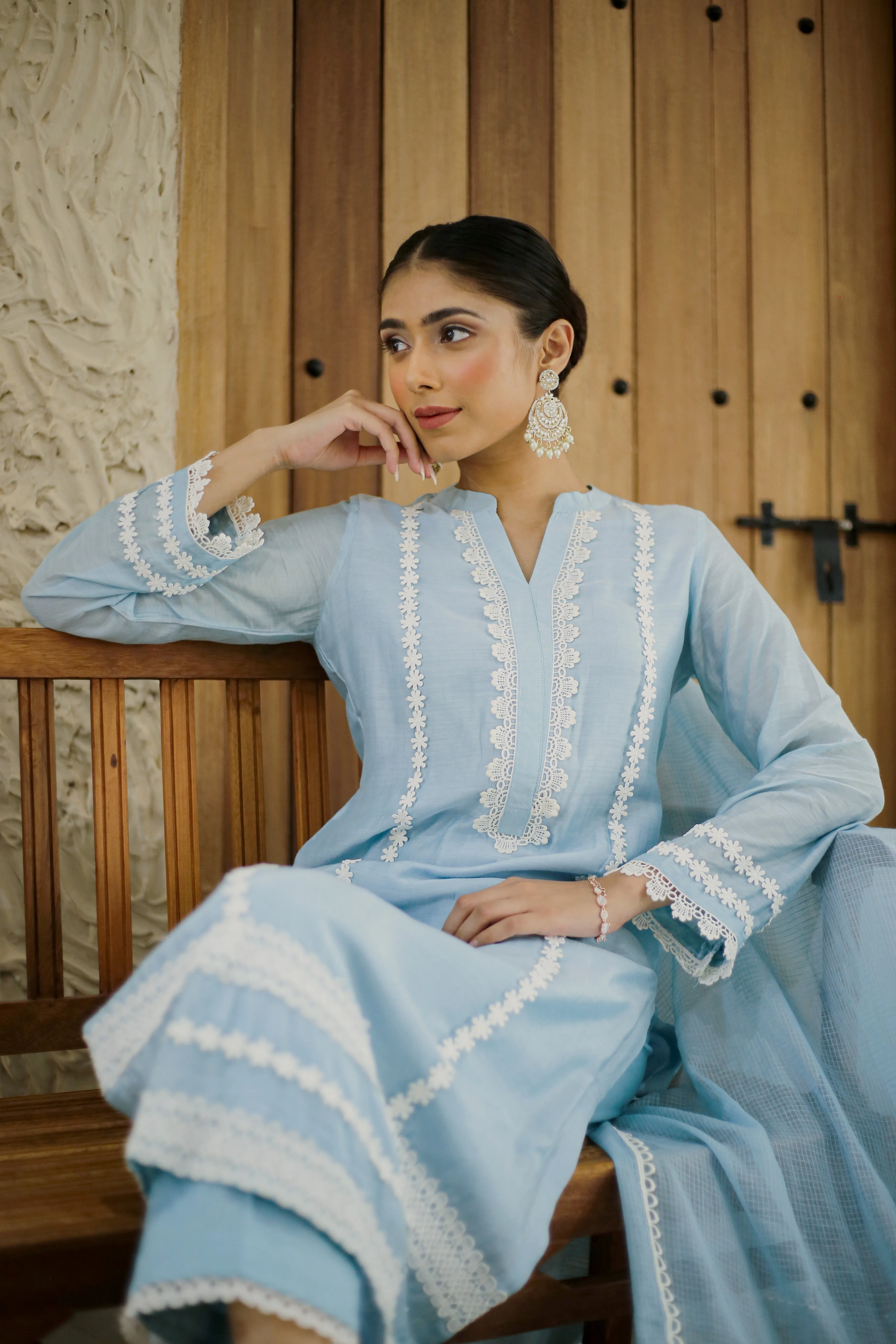 Ice Blue Muslin Embroidered Ready To Wear Kurta Set With Pant With Kota Dupatta