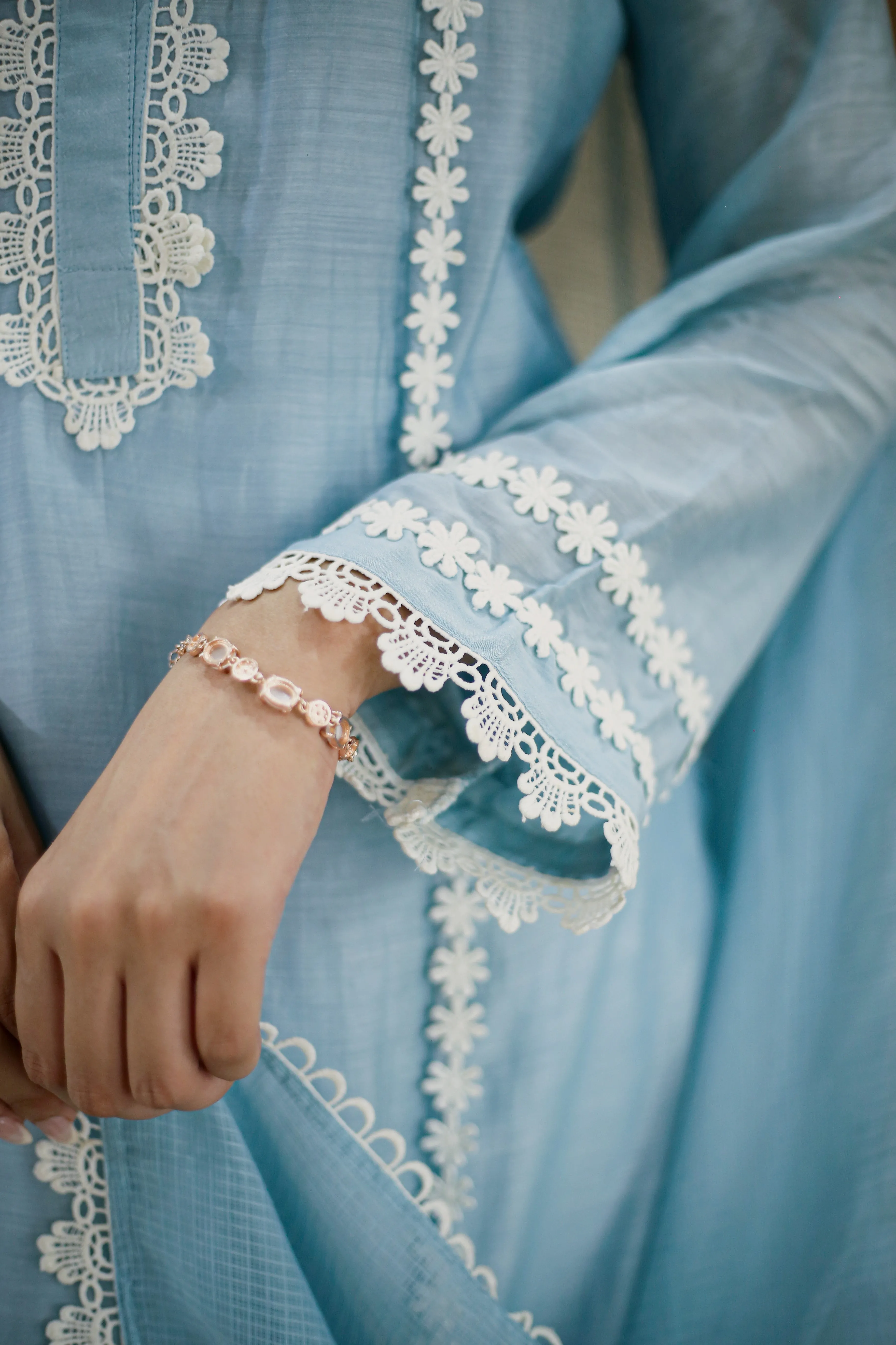 Ice Blue Muslin Embroidered Ready To Wear Kurta Set With Pant With Kota Dupatta