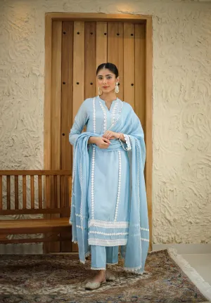 Ice Blue Muslin Embroidered Ready To Wear Kurta Set With Pant With Kota Dupatta