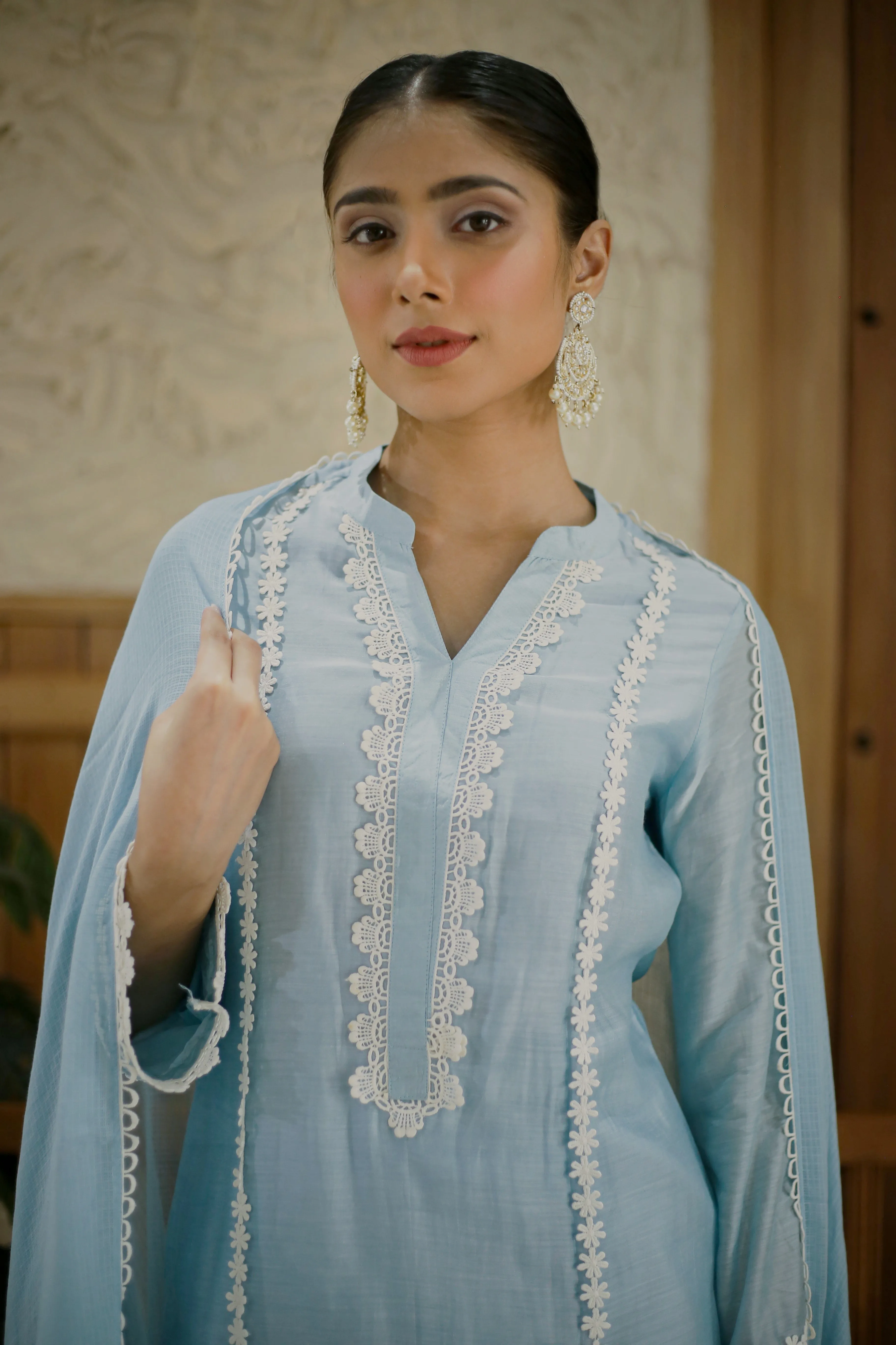 Ice Blue Muslin Embroidered Ready To Wear Kurta Set With Pant With Kota Dupatta