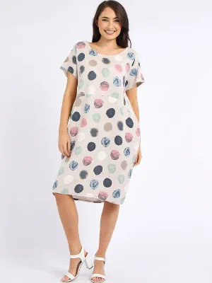 Italian Classic Shift Polka Dot Beige Linen Dress Sz 10-16