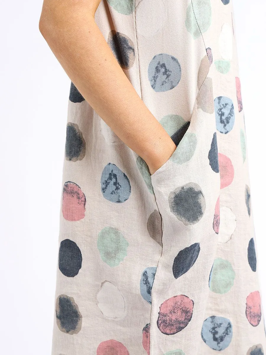 Italian Classic Shift Polka Dot Beige Linen Dress Sz 10-16