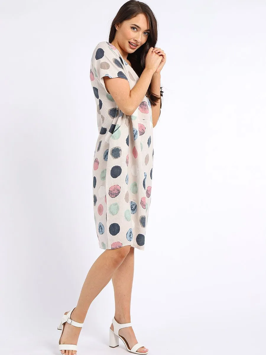 Italian Classic Shift Polka Dot Beige Linen Dress Sz 10-16