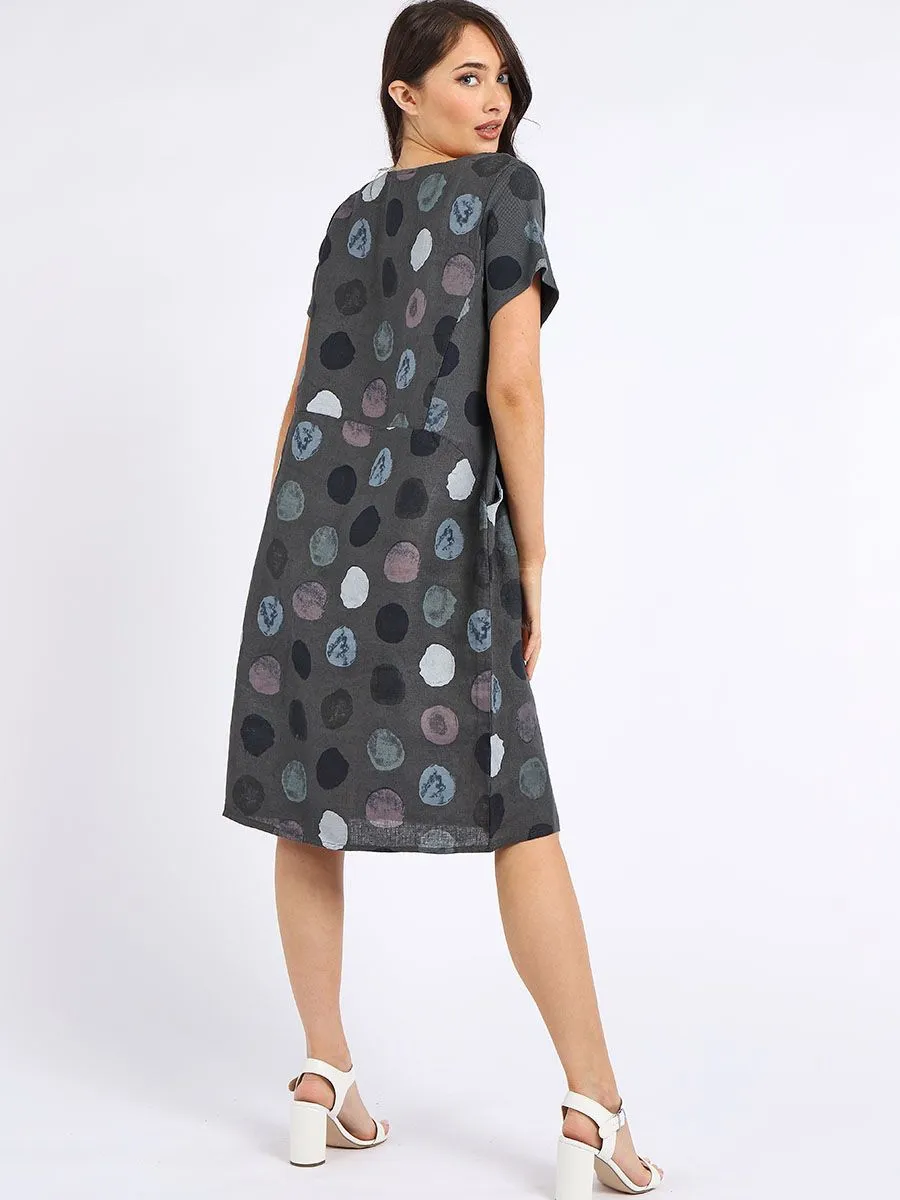 Italian Classic Shift Polka Dot Charcoal Linen Dress Sz 10-16