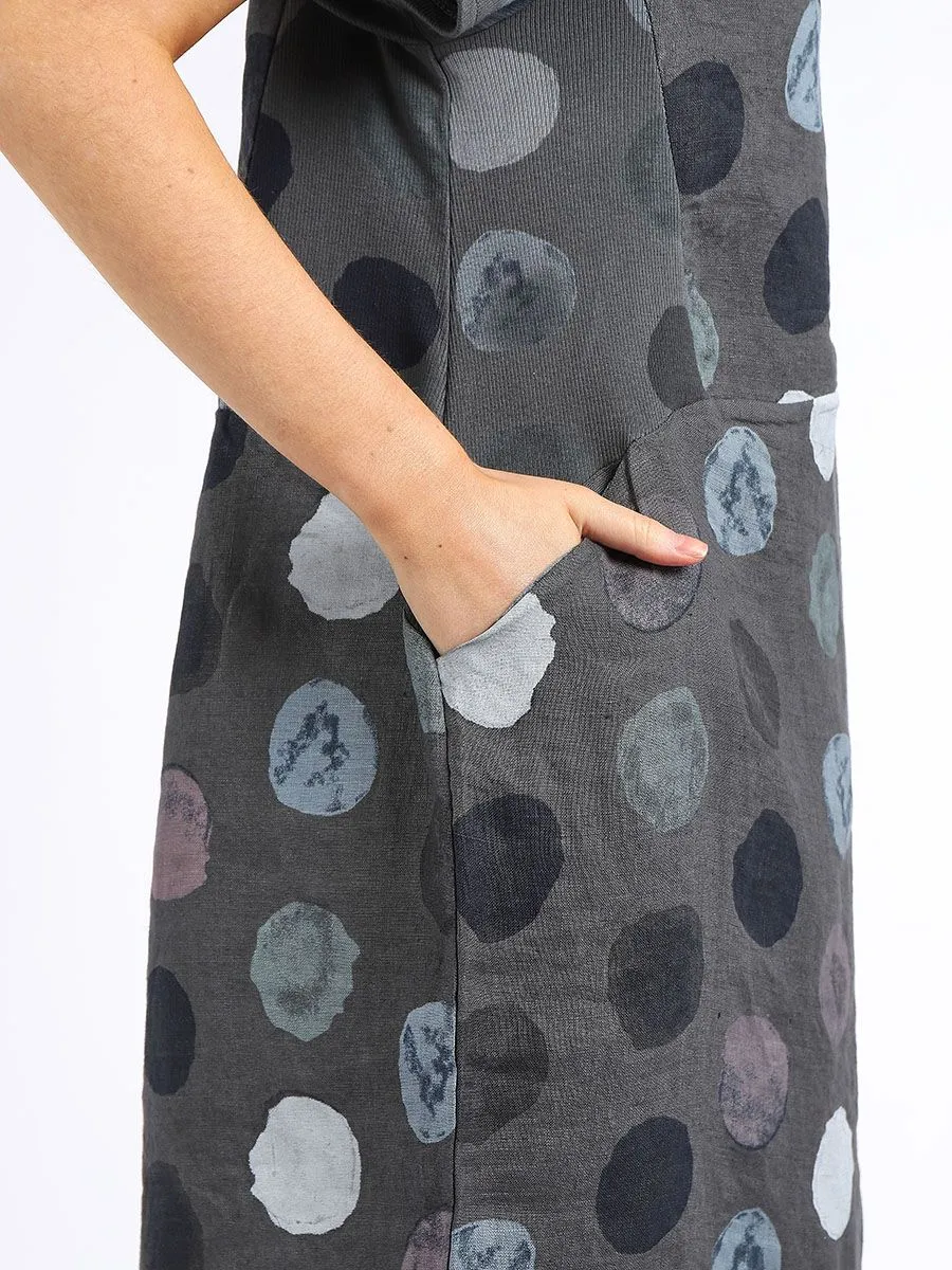 Italian Classic Shift Polka Dot Charcoal Linen Dress Sz 10-16