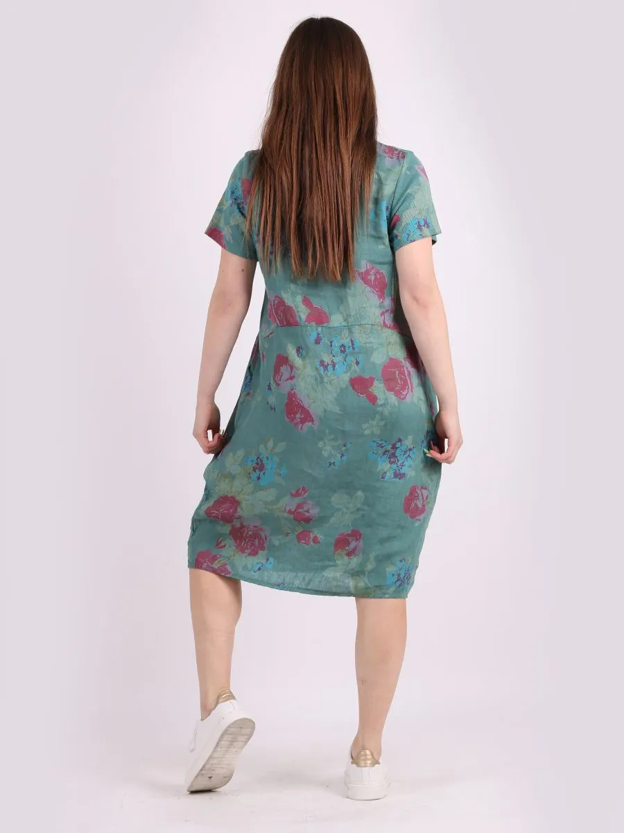 Italian Classic Shift Rose Ocean Green Linen Dress Sz 10-16