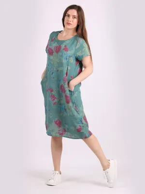 Italian Classic Shift Rose Ocean Green Linen Dress Sz 10-16