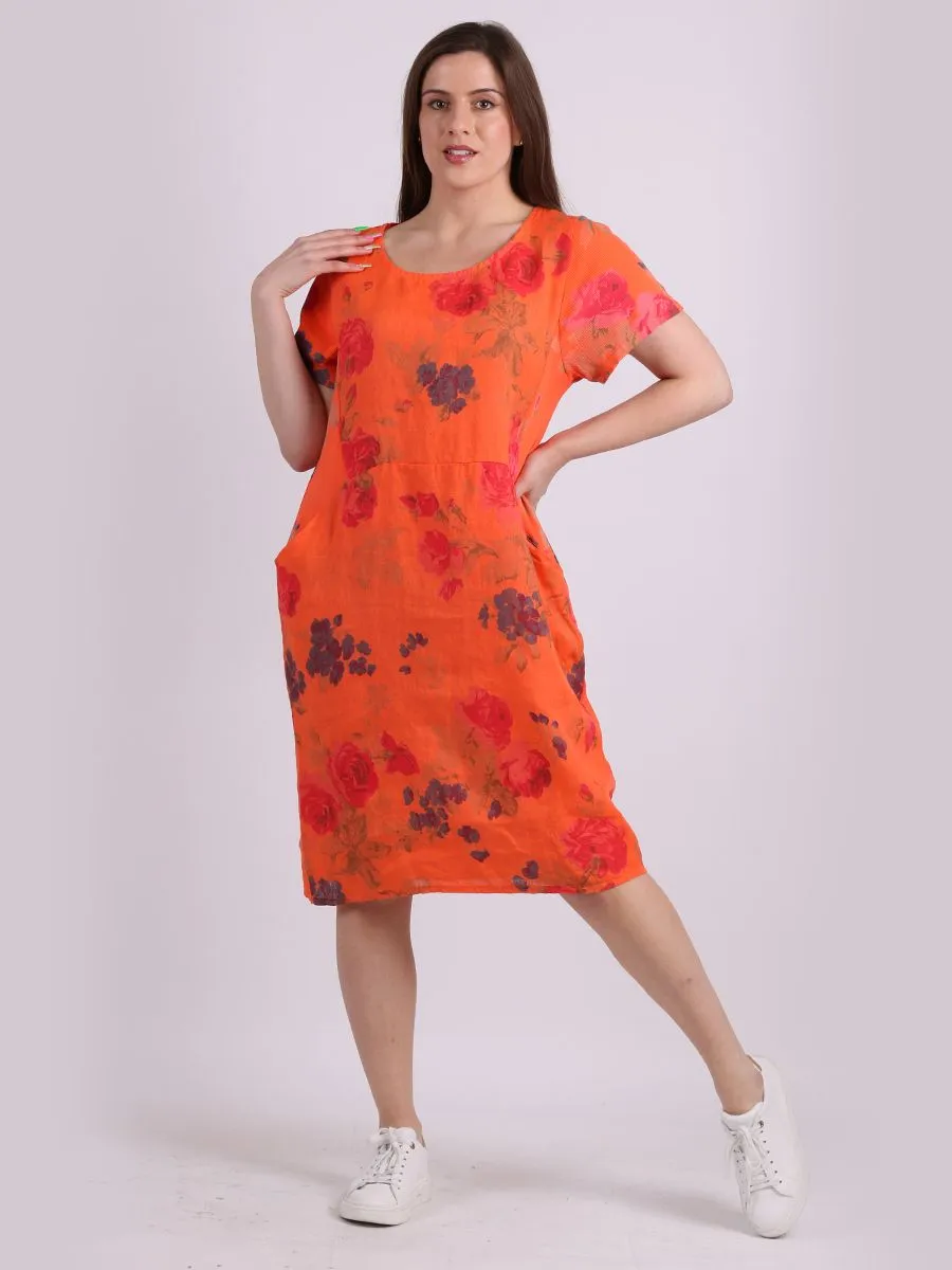 Italian Classic Shift Rose Orange Linen Dress Sz 10-16