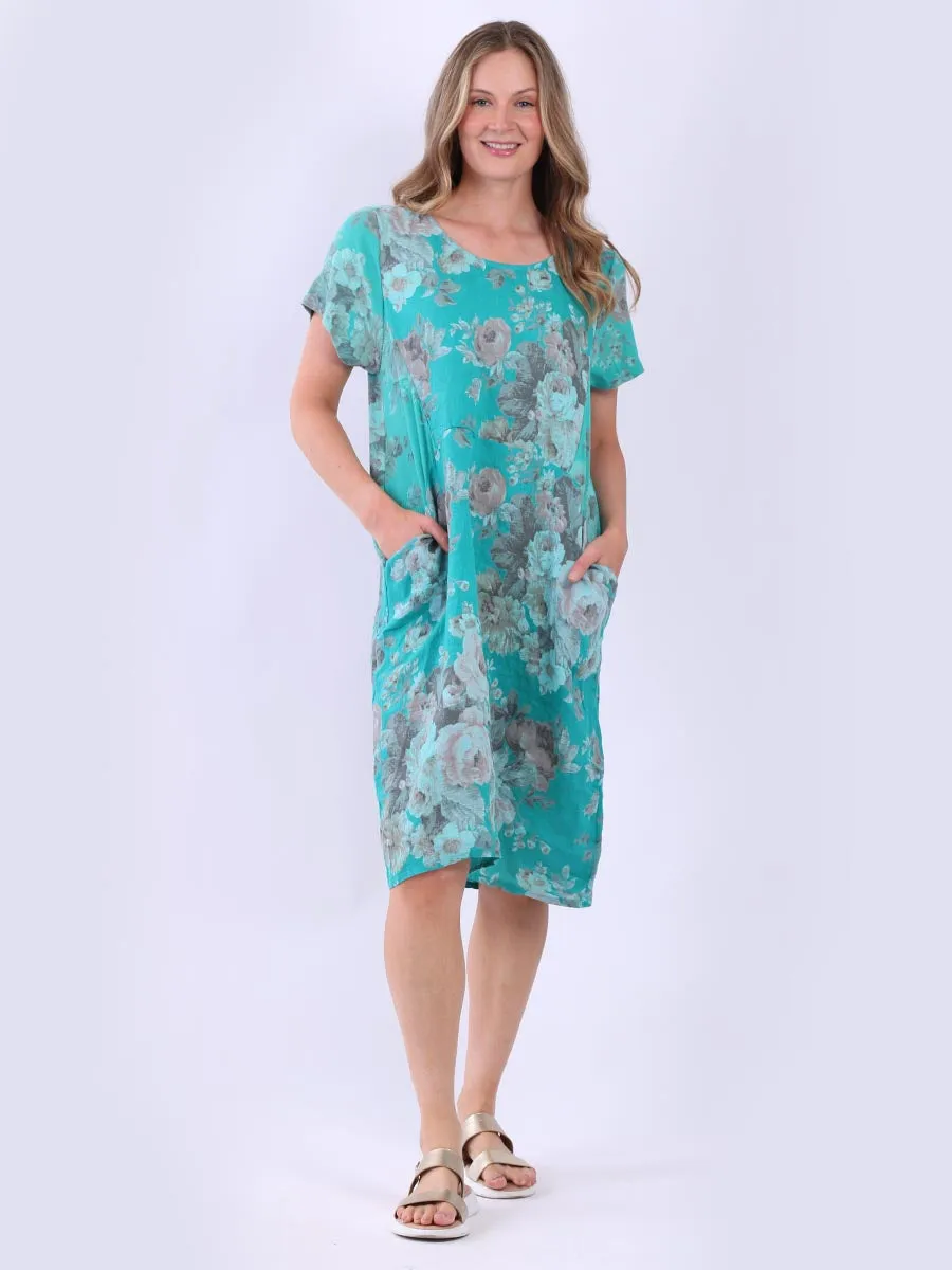 Italian Classic Shift Soft Floral Aqua Linen Dress Sz 10-16
