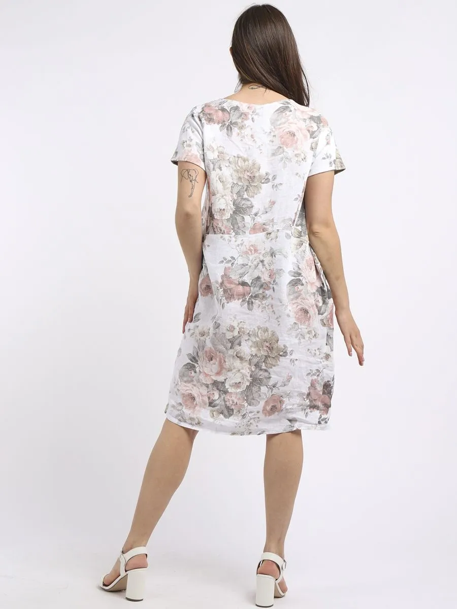 Italian Classic Shift Soft Floral White Linen Dress Sz 10-16