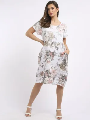 Italian Classic Shift Soft Floral White Linen Dress Sz 10-16