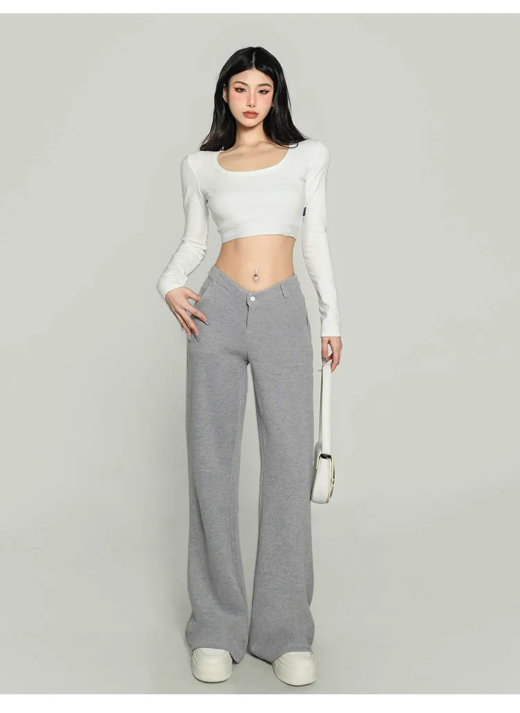 Jolie Solid Color V-shaped High Waist Loose Thin Wide-leg Straight Leg Pants