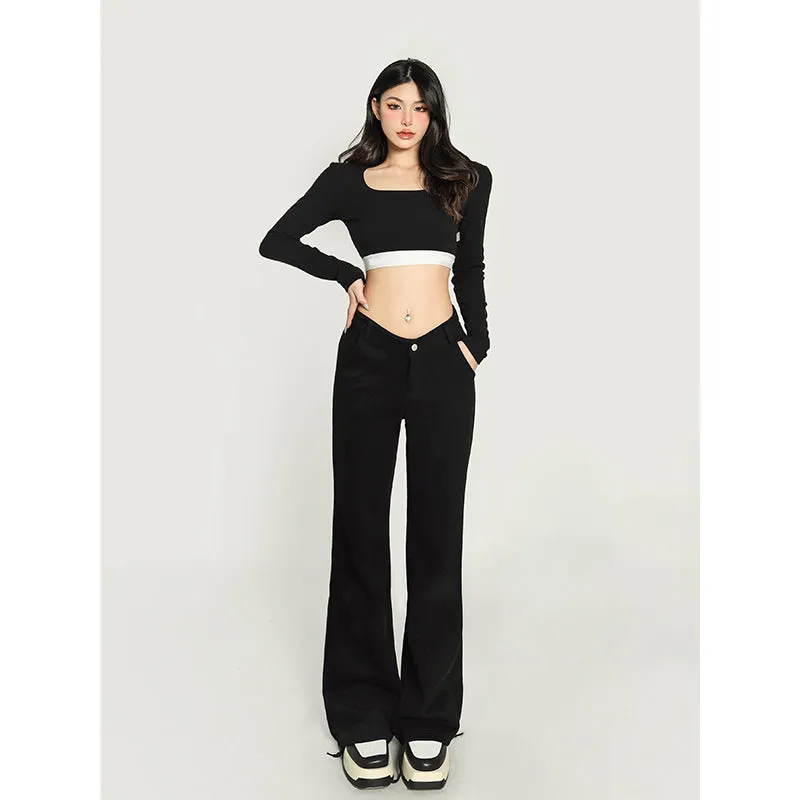 Jolie Solid Color V-shaped High Waist Loose Thin Wide-leg Straight Leg Pants