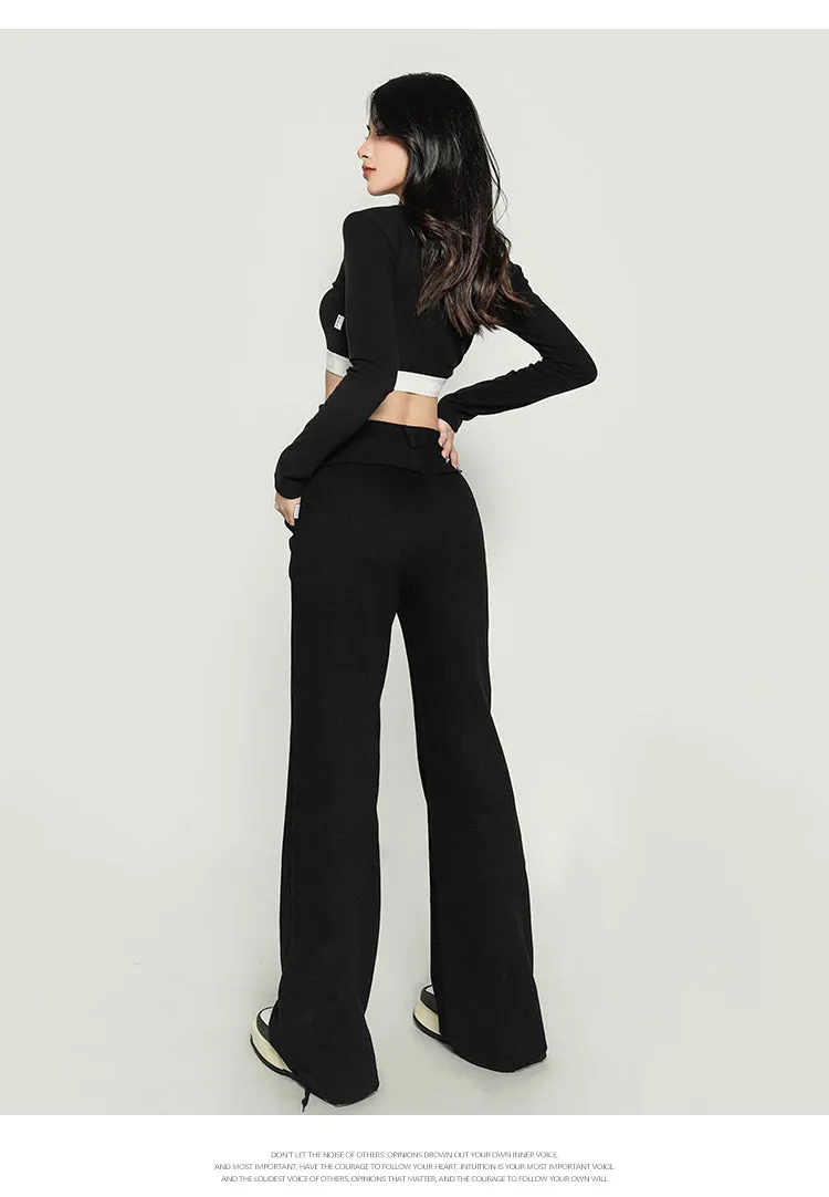 Jolie Solid Color V-shaped High Waist Loose Thin Wide-leg Straight Leg Pants