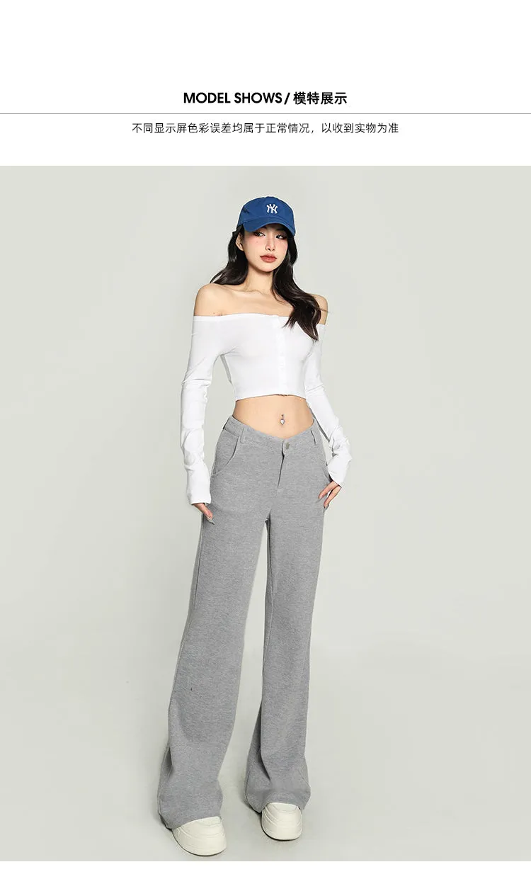 Jolie Solid Color V-shaped High Waist Loose Thin Wide-leg Straight Leg Pants
