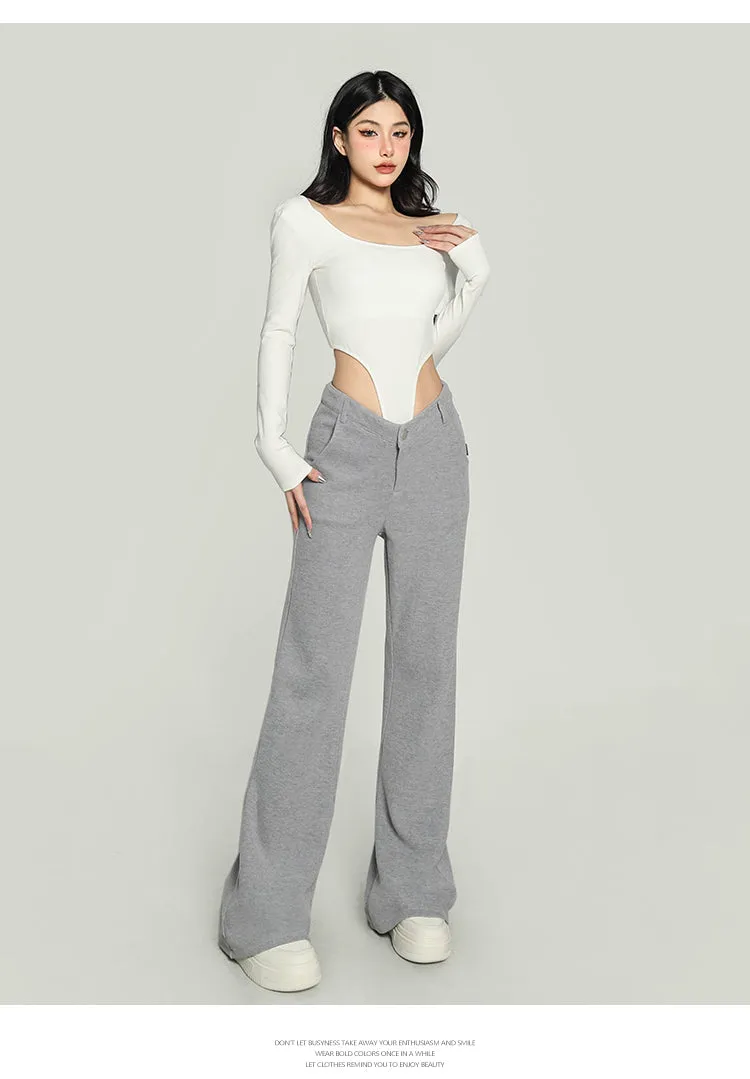 Jolie Solid Color V-shaped High Waist Loose Thin Wide-leg Straight Leg Pants