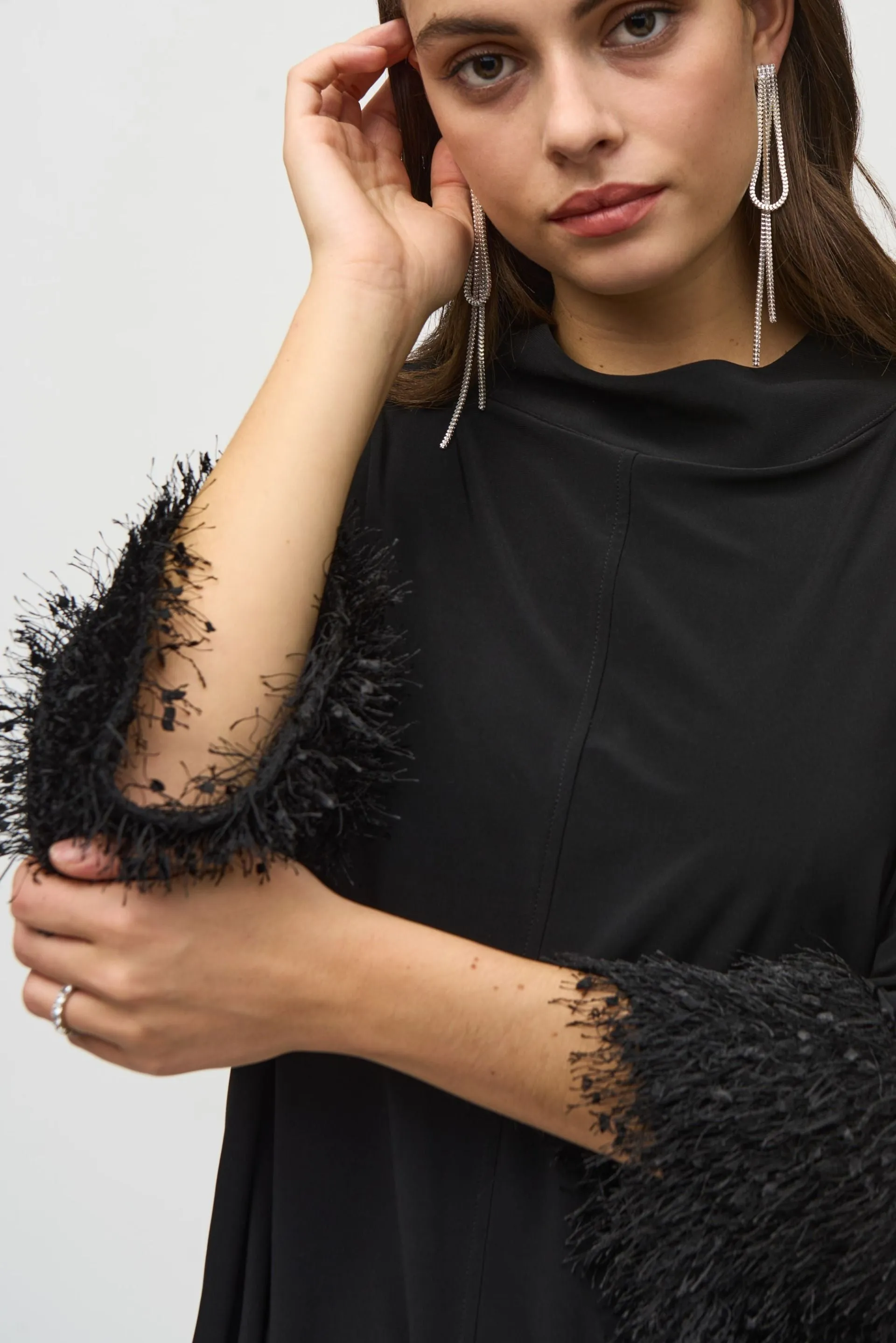 Joseph Ribkoff Black Fringe Cuffs Mock Neck Boxy Top 244195