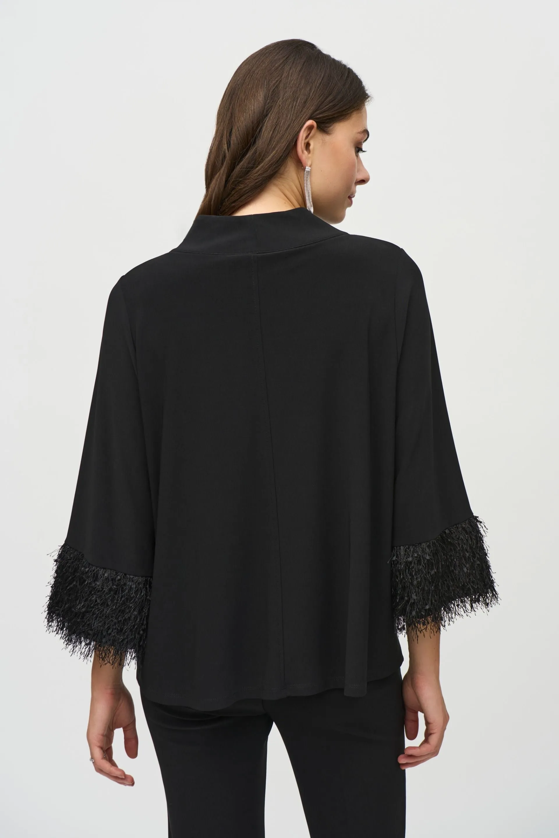 Joseph Ribkoff Black Fringe Cuffs Mock Neck Boxy Top 244195