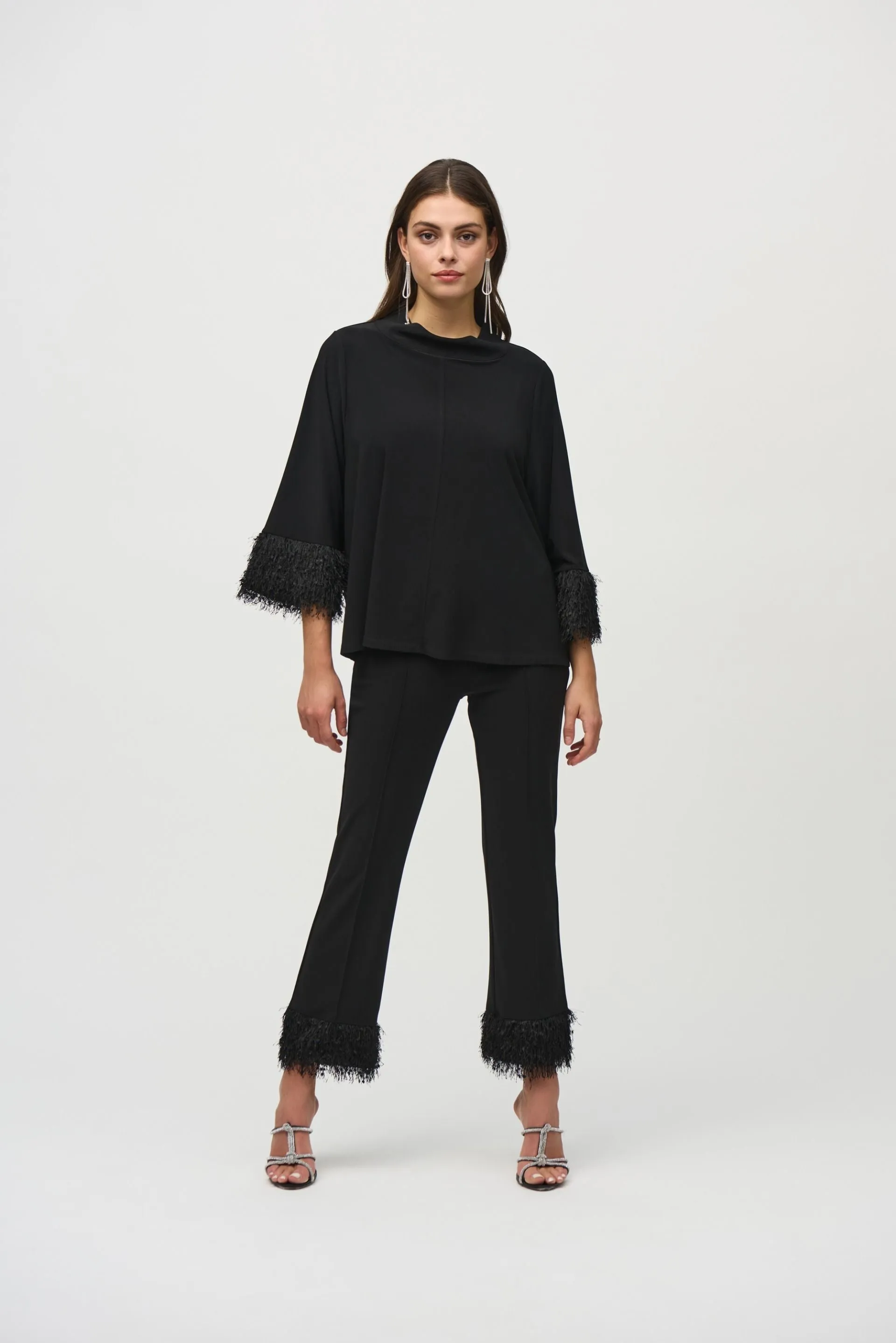 Joseph Ribkoff Black Fringe Cuffs Mock Neck Boxy Top 244195