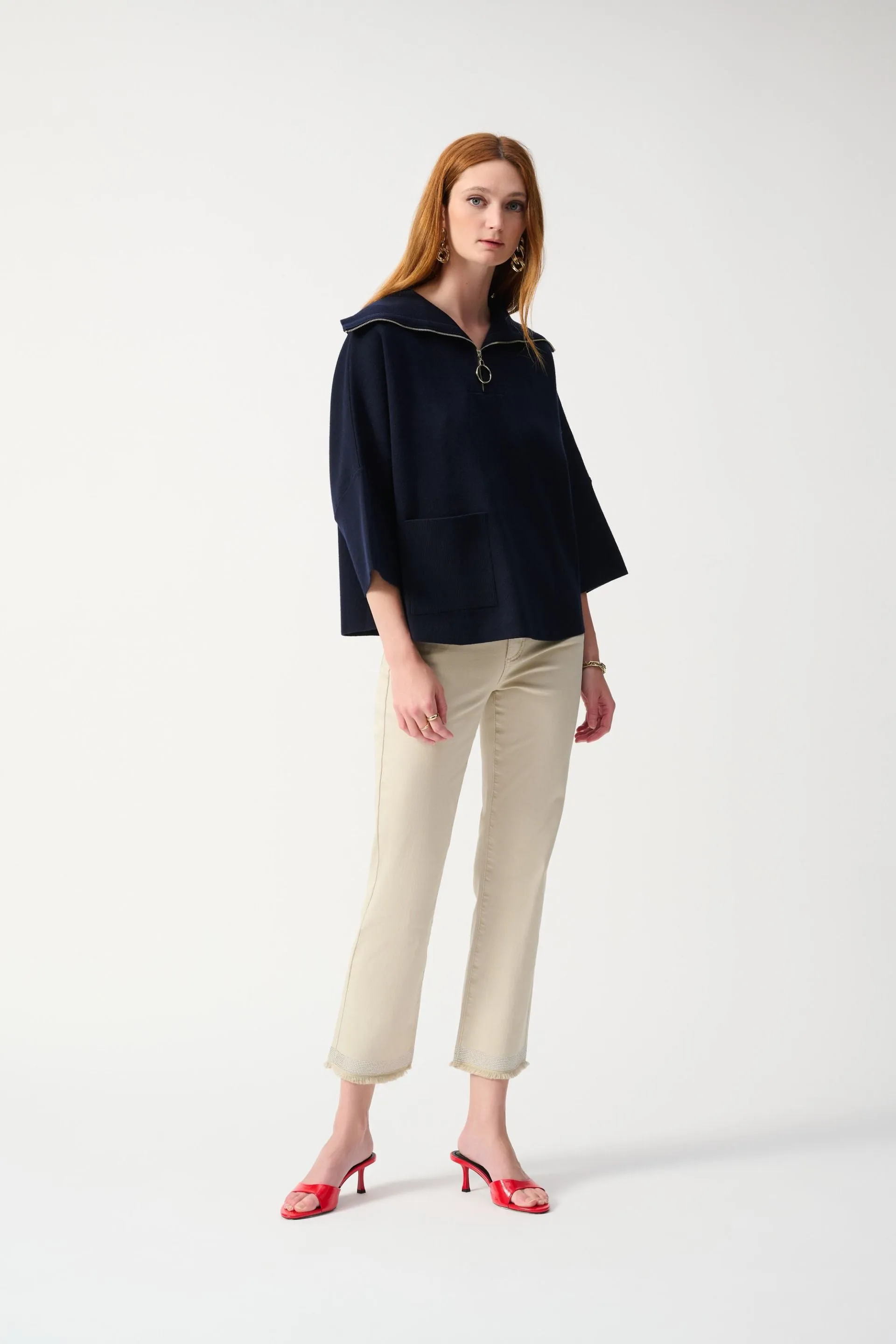 Joseph Ribkoff Zip Front Dolman Sleeve Boxy Sweater Top 243954
