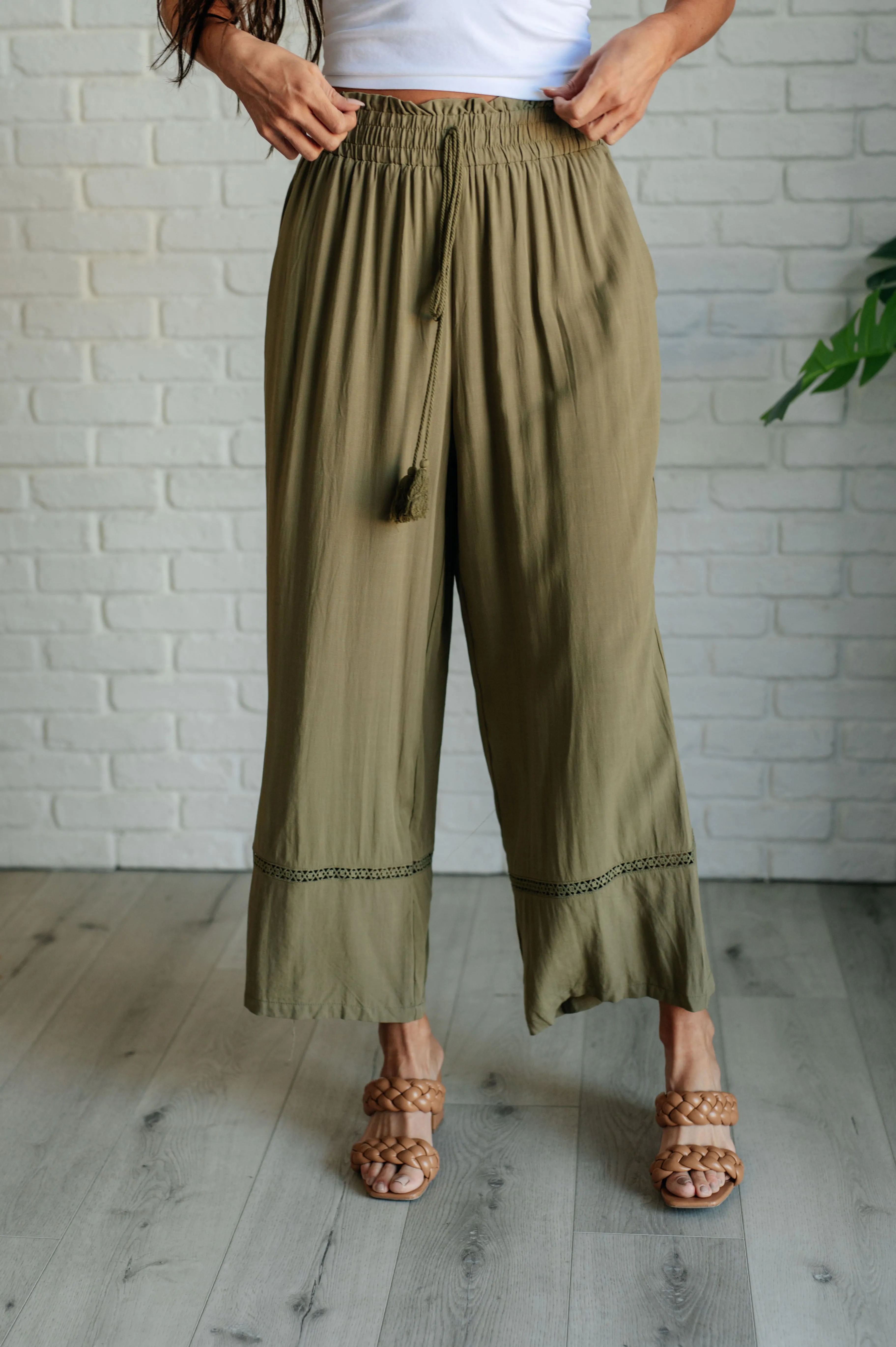 Kendall Wide Leg Pants - Olive, High Waist, Embroidered, Ruffled Waistline, Pockets