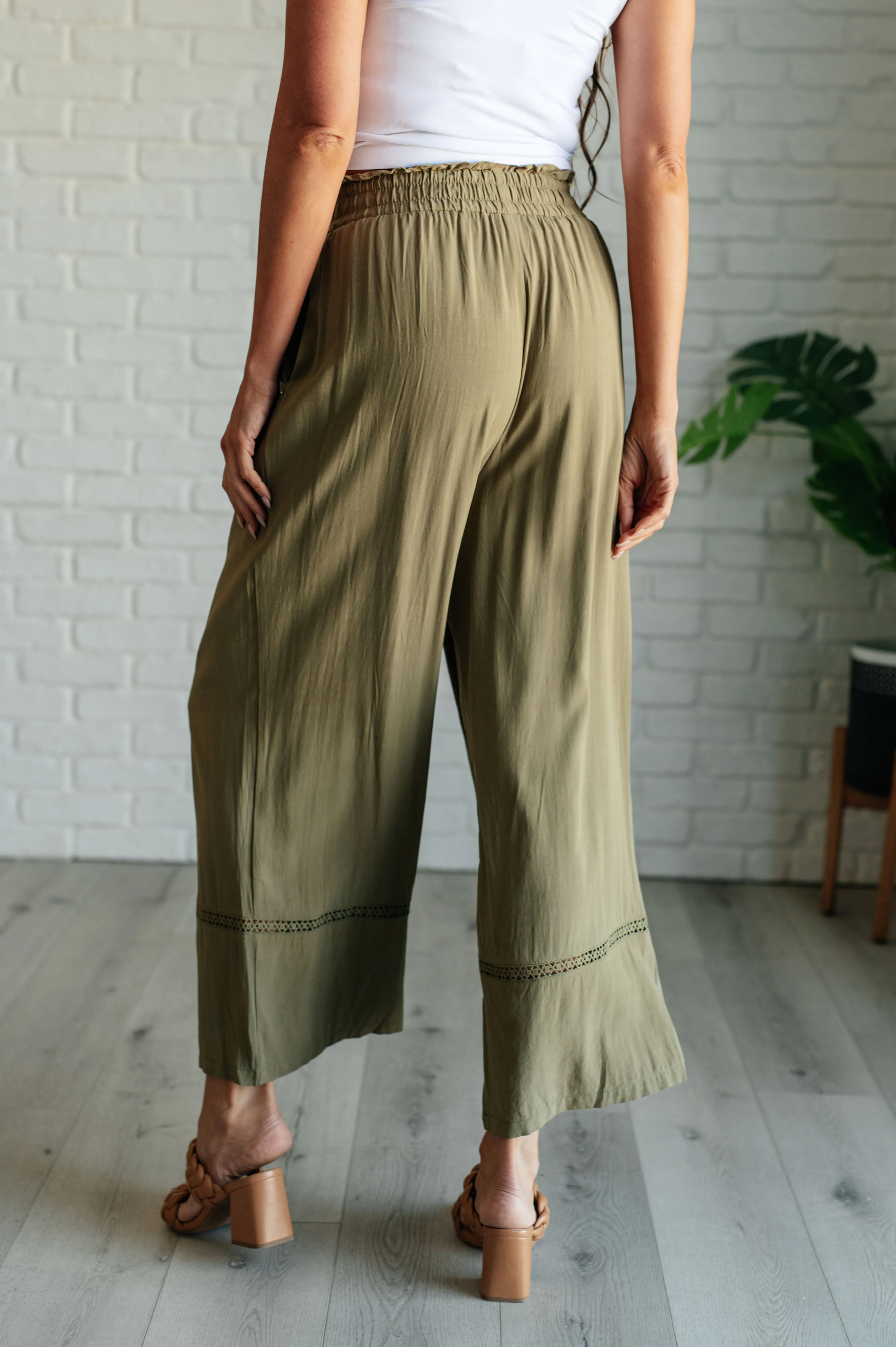 Kendall Wide Leg Pants - Olive, High Waist, Embroidered, Ruffled Waistline, Pockets