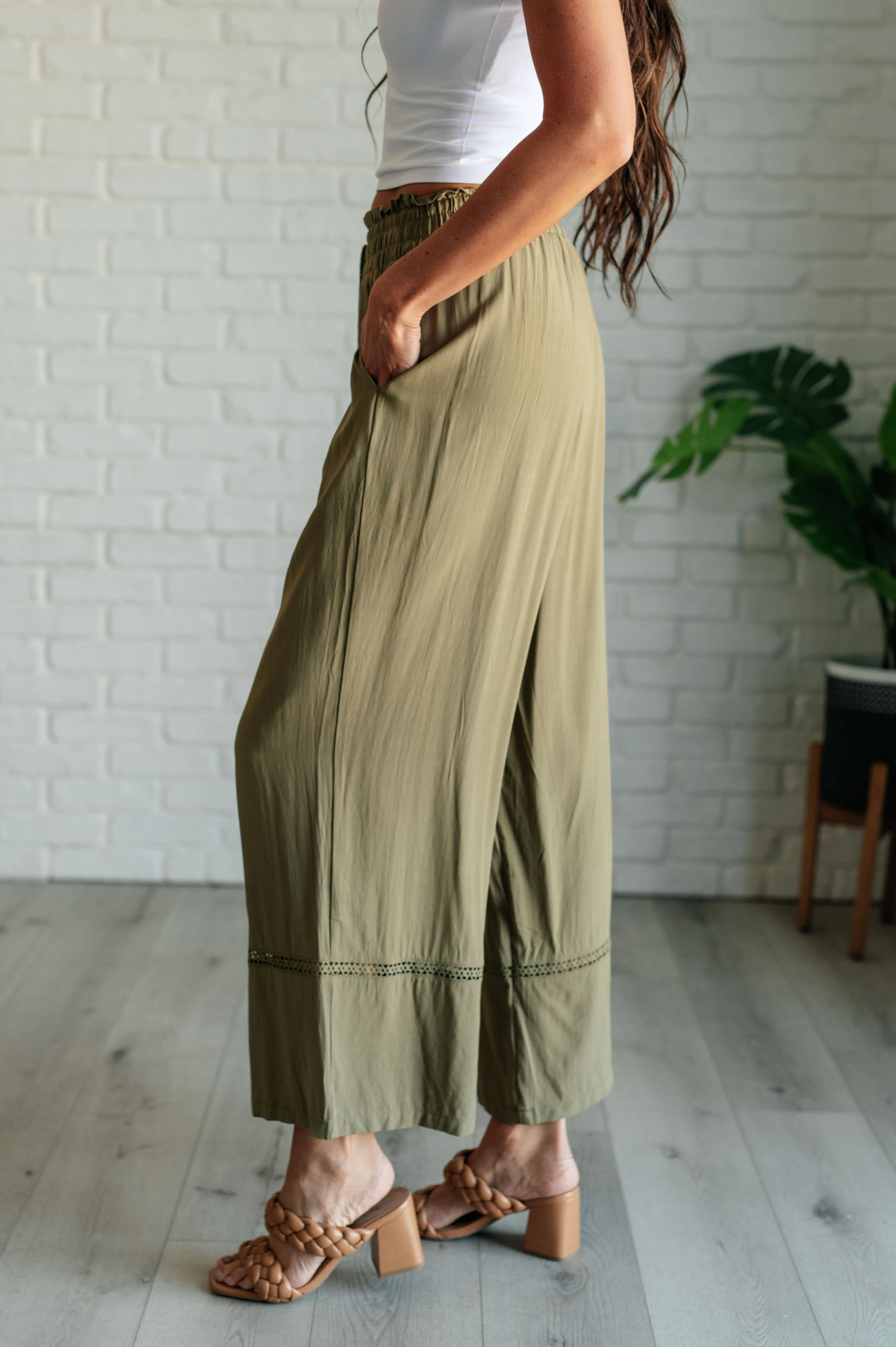 Kendall Wide Leg Pants - Olive, High Waist, Embroidered, Ruffled Waistline, Pockets