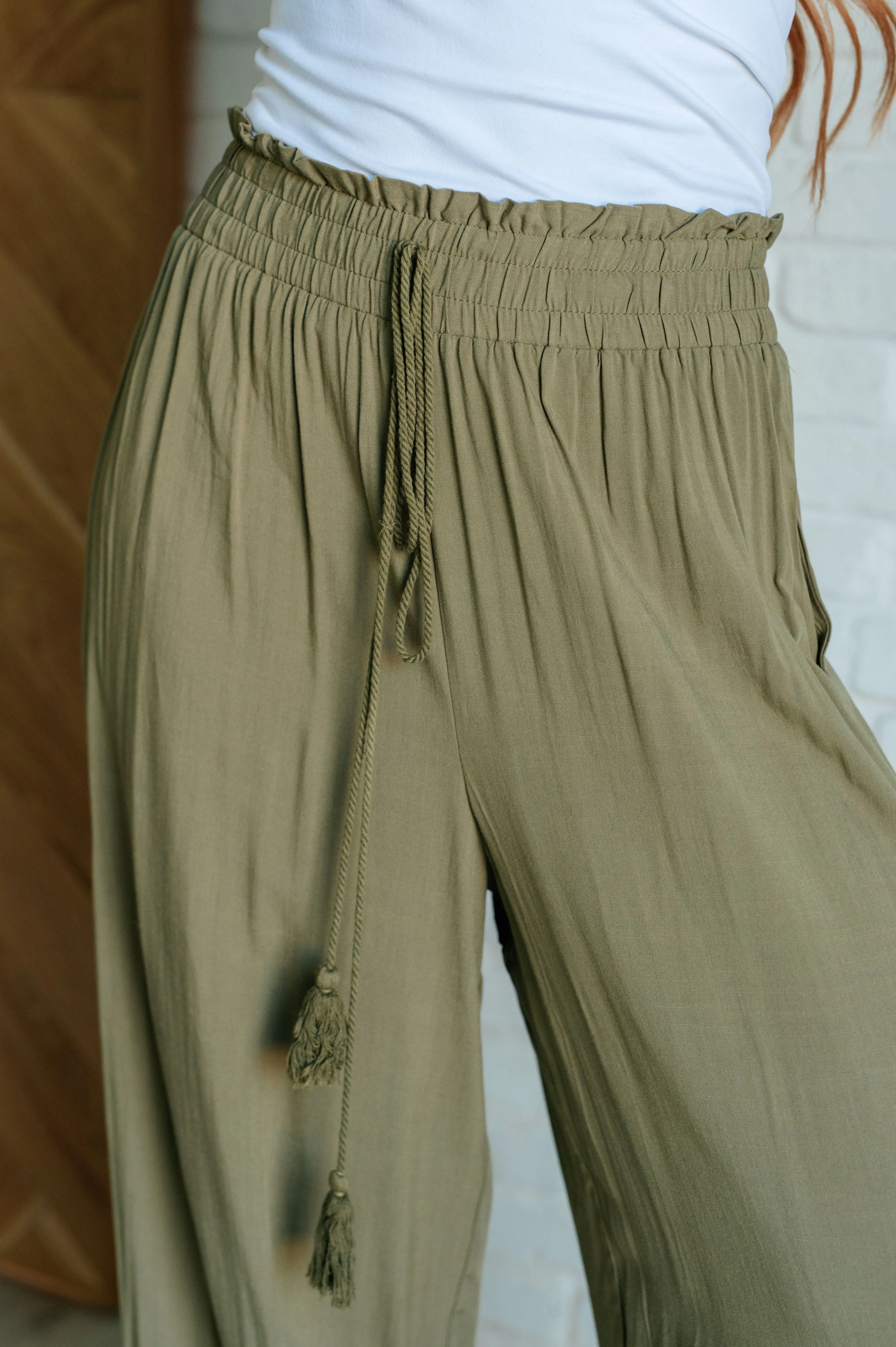 Kendall Wide Leg Pants - Olive, High Waist, Embroidered, Ruffled Waistline, Pockets