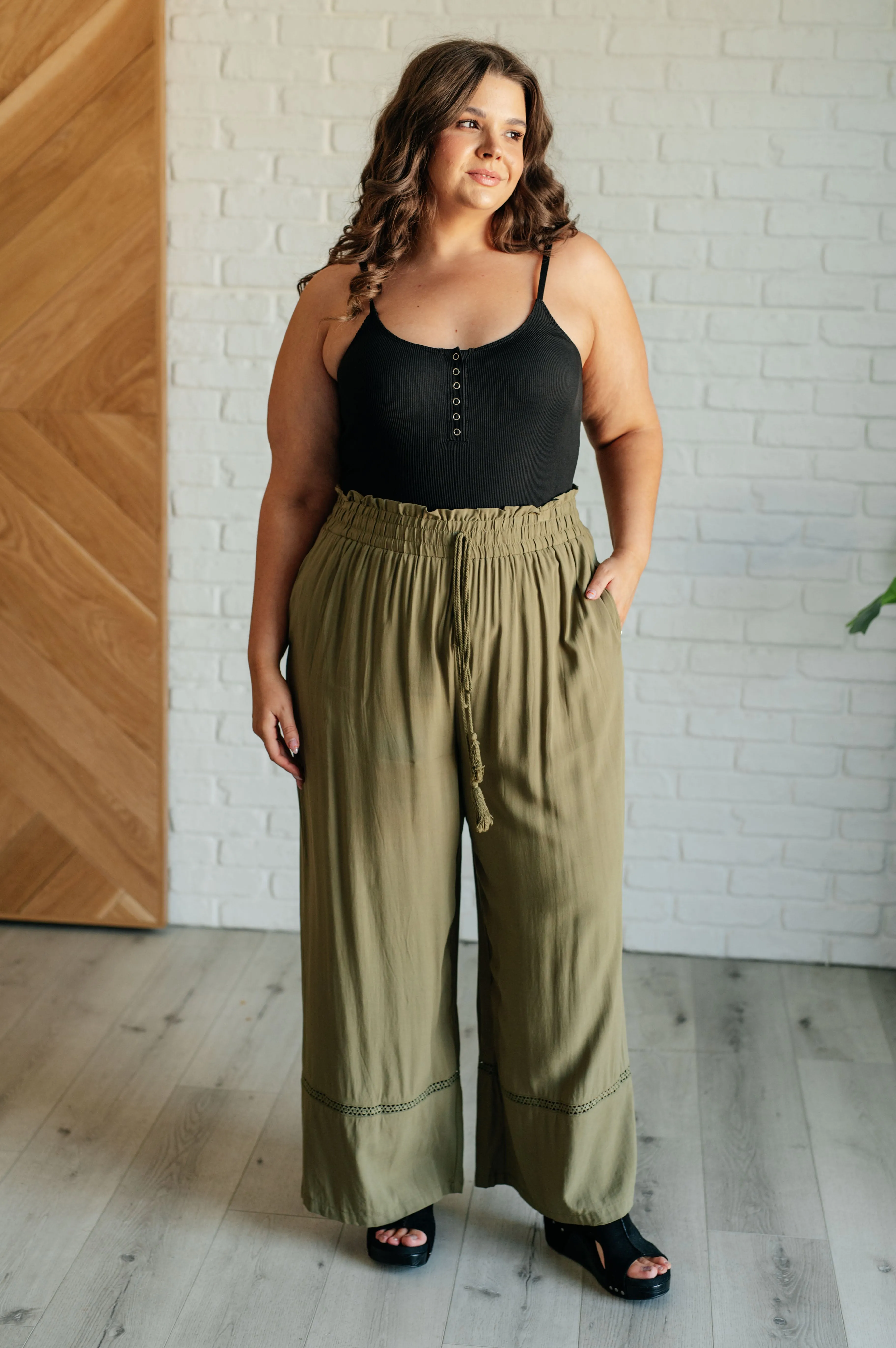 Kendall Wide Leg Pants - Olive, High Waist, Embroidered, Ruffled Waistline, Pockets