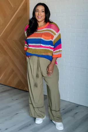 Kendall Wide Leg Pants - Olive, High Waist, Embroidered, Ruffled Waistline, Pockets