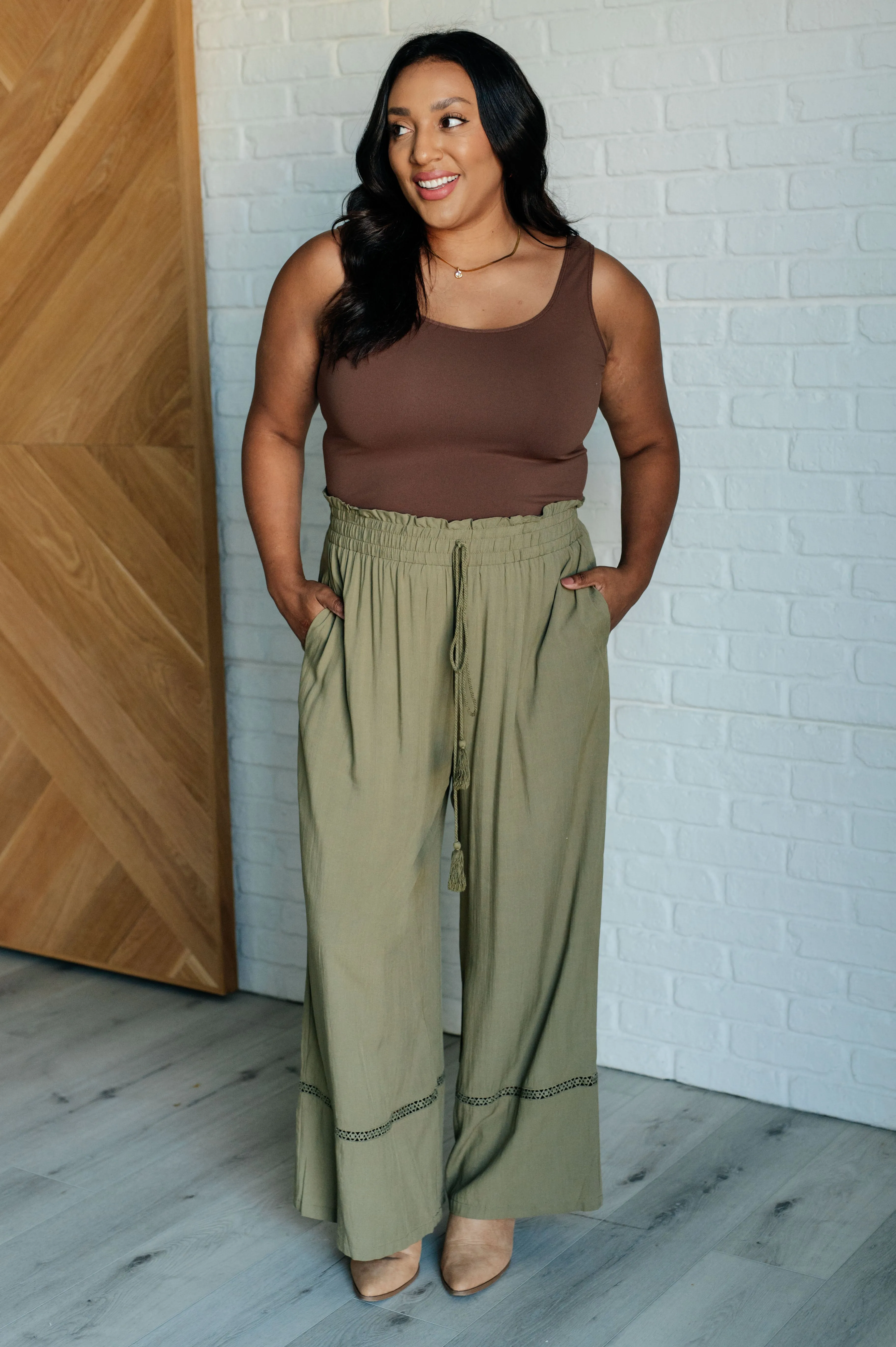 Kendall Wide Leg Pants - Olive, High Waist, Embroidered, Ruffled Waistline, Pockets