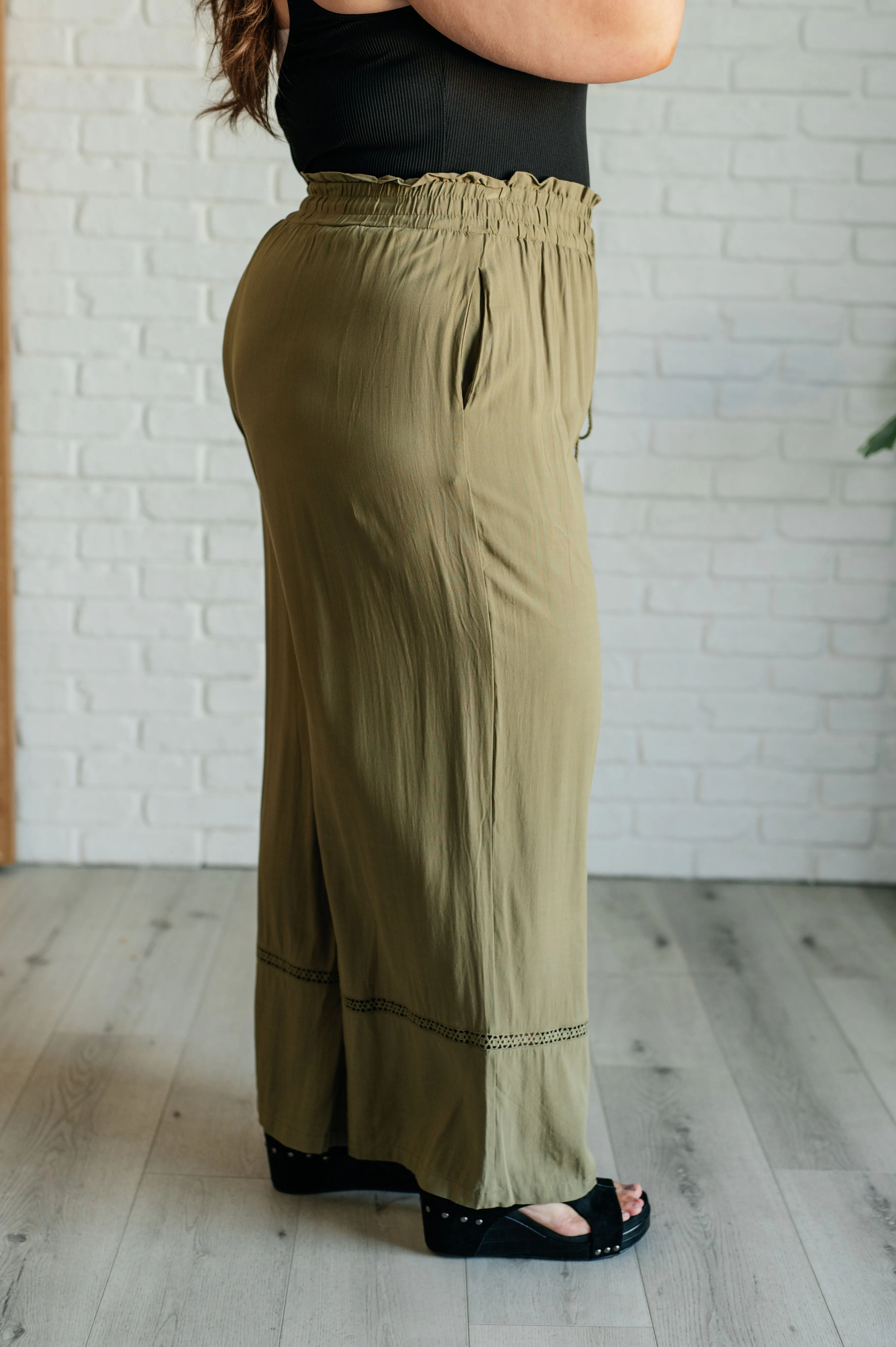 Kendall Wide Leg Pants - Olive, High Waist, Embroidered, Ruffled Waistline, Pockets
