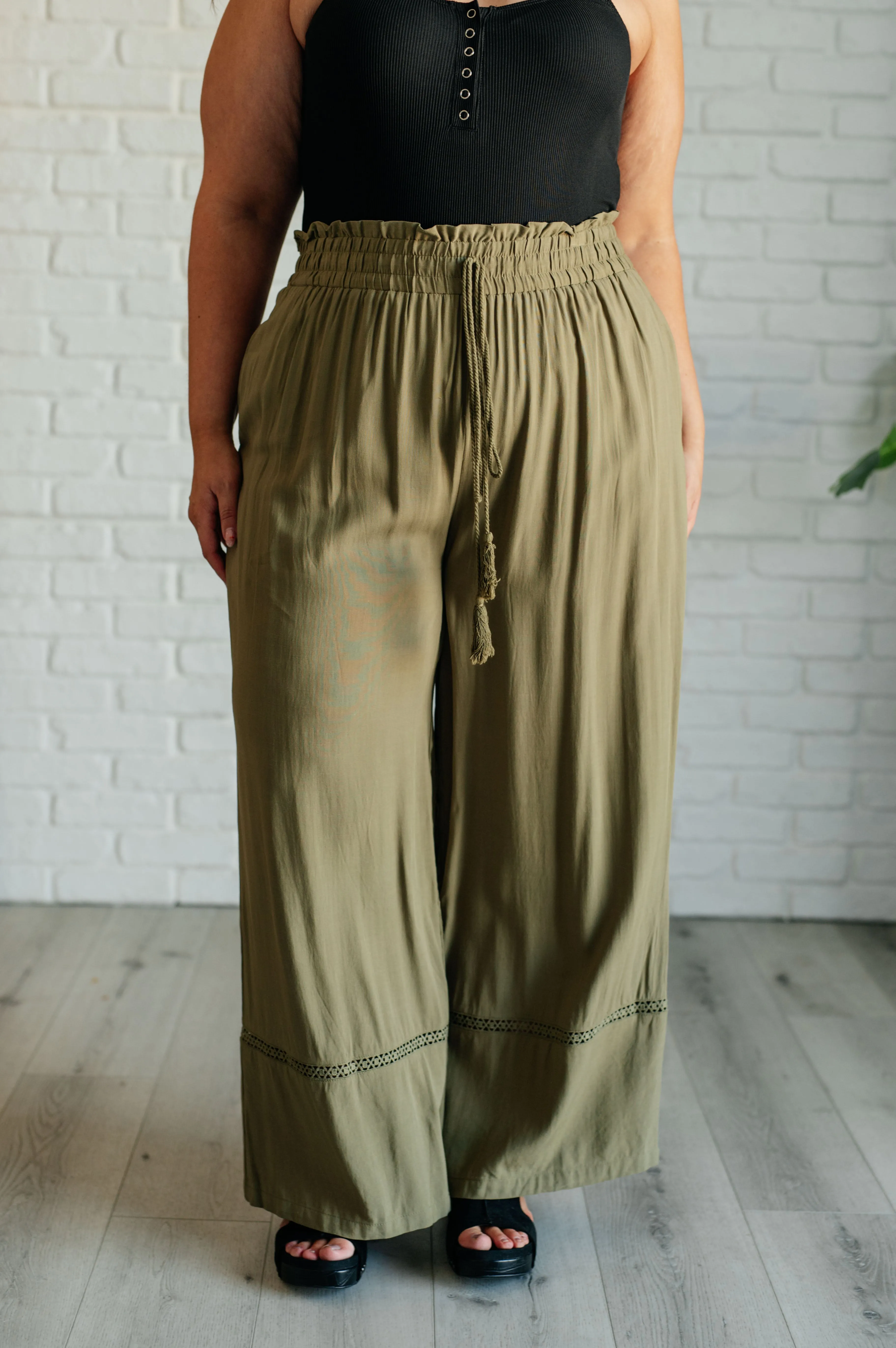 Kendall Wide Leg Pants - Olive, High Waist, Embroidered, Ruffled Waistline, Pockets