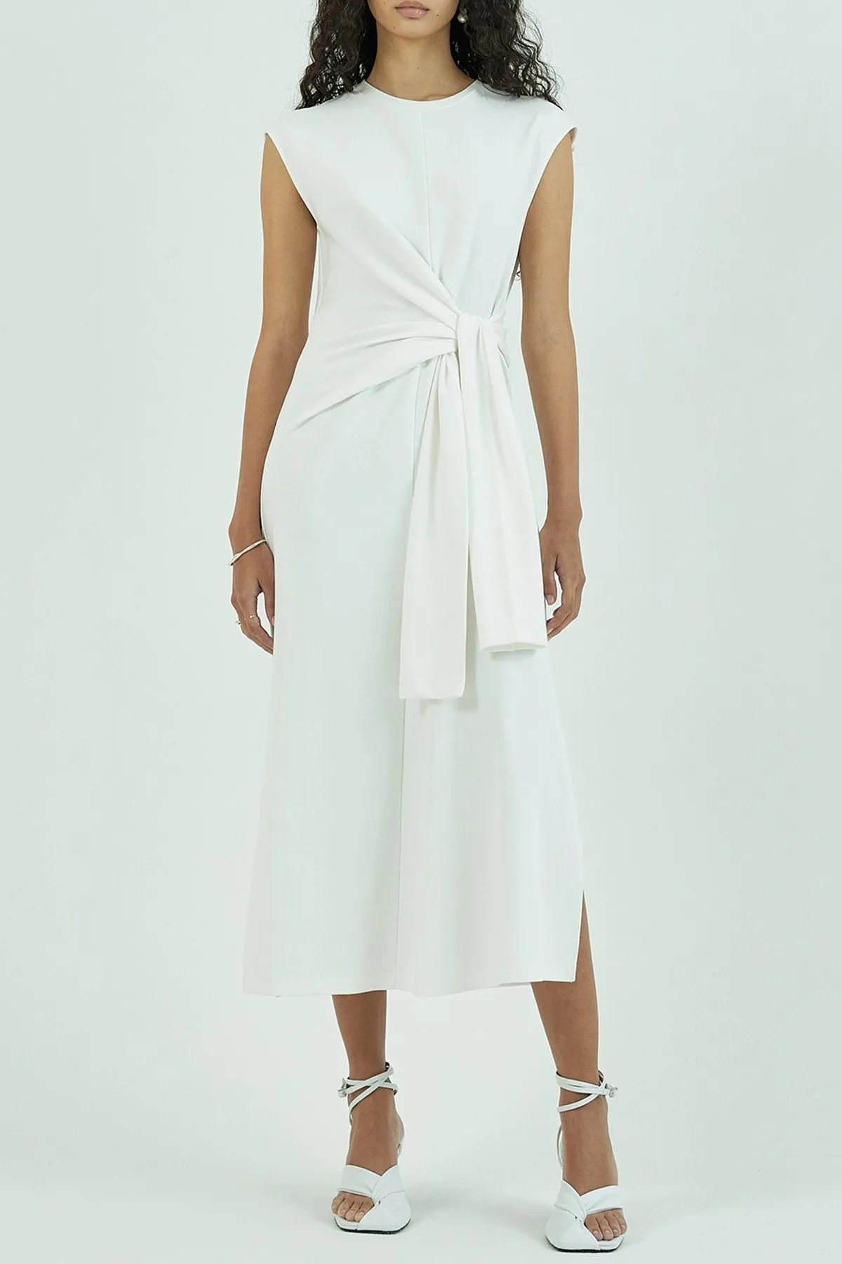 Knotted Detail Cotton Jersey Midi Dress in Ivory