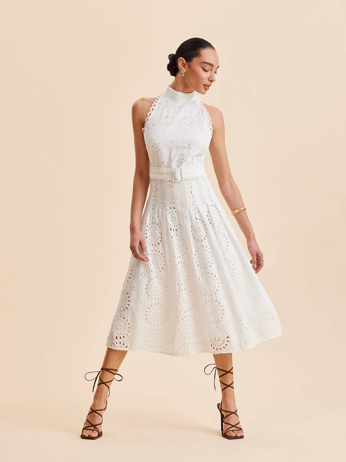 Lace Eyelet Belted A-Line Dress