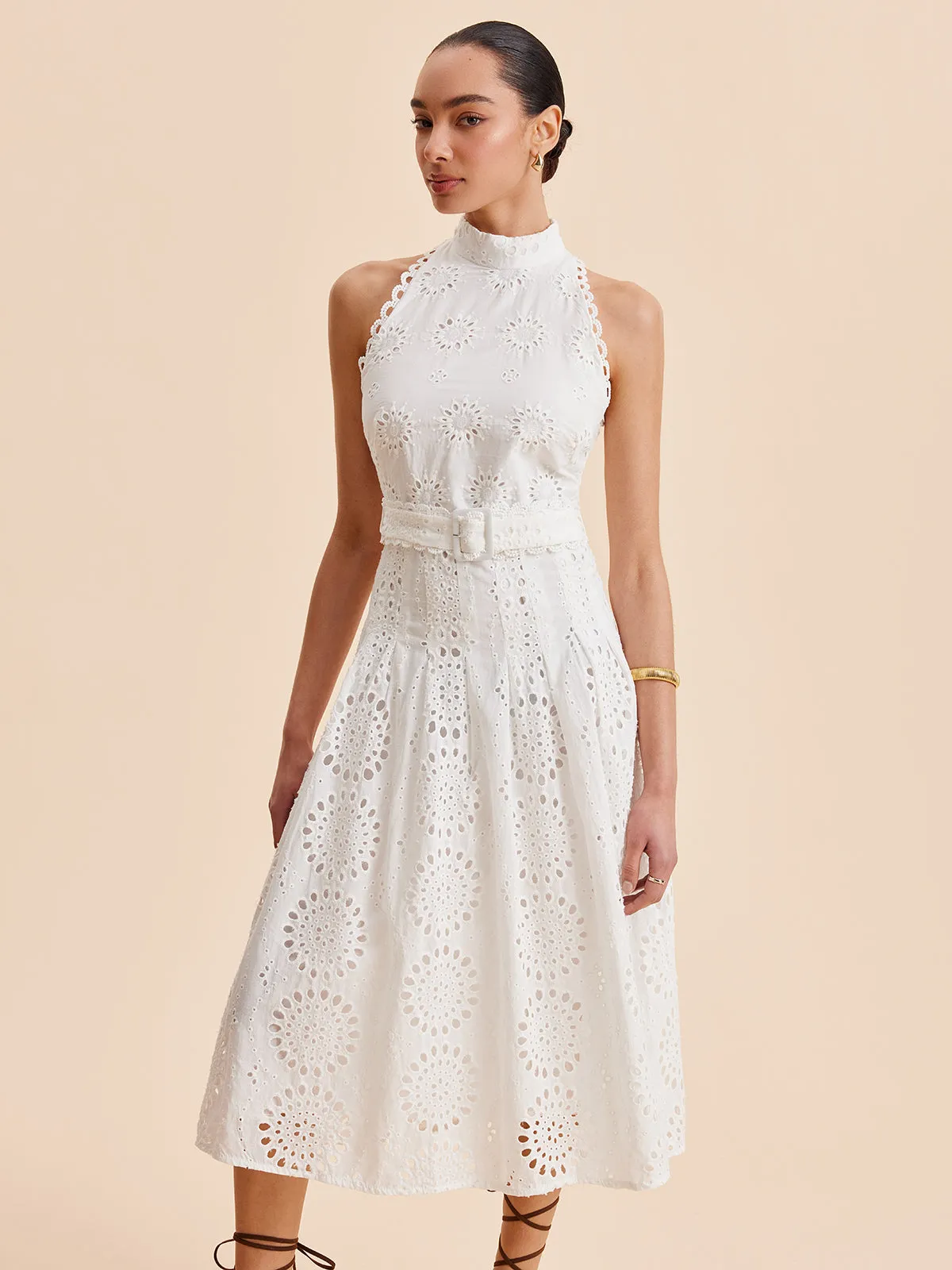 Lace Eyelet Belted A-Line Dress