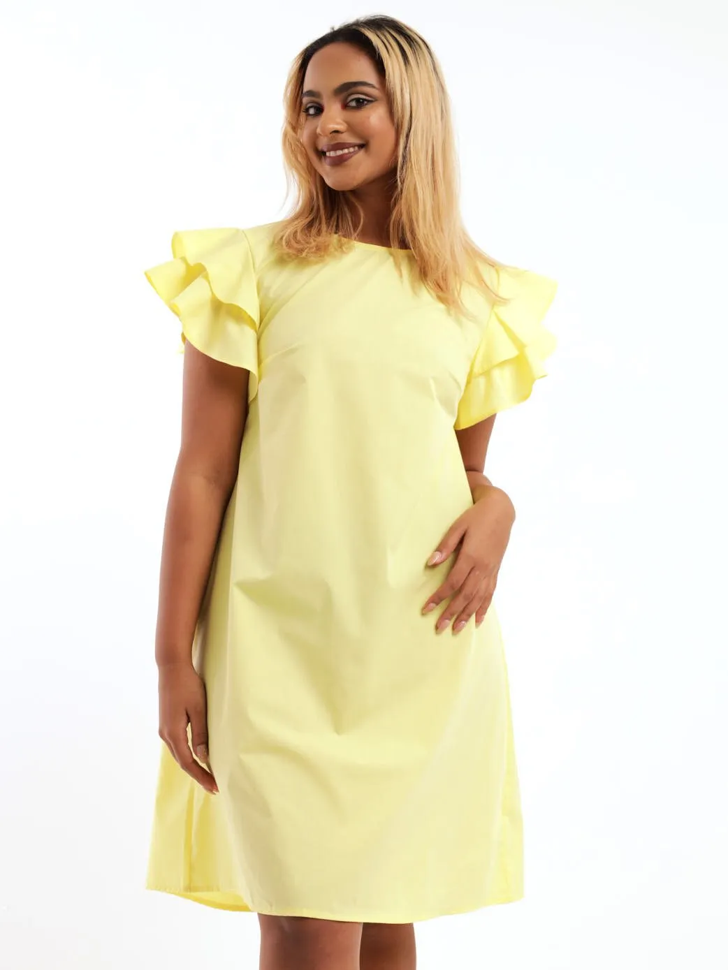 Ladies Frill Shift Dress - Yellow