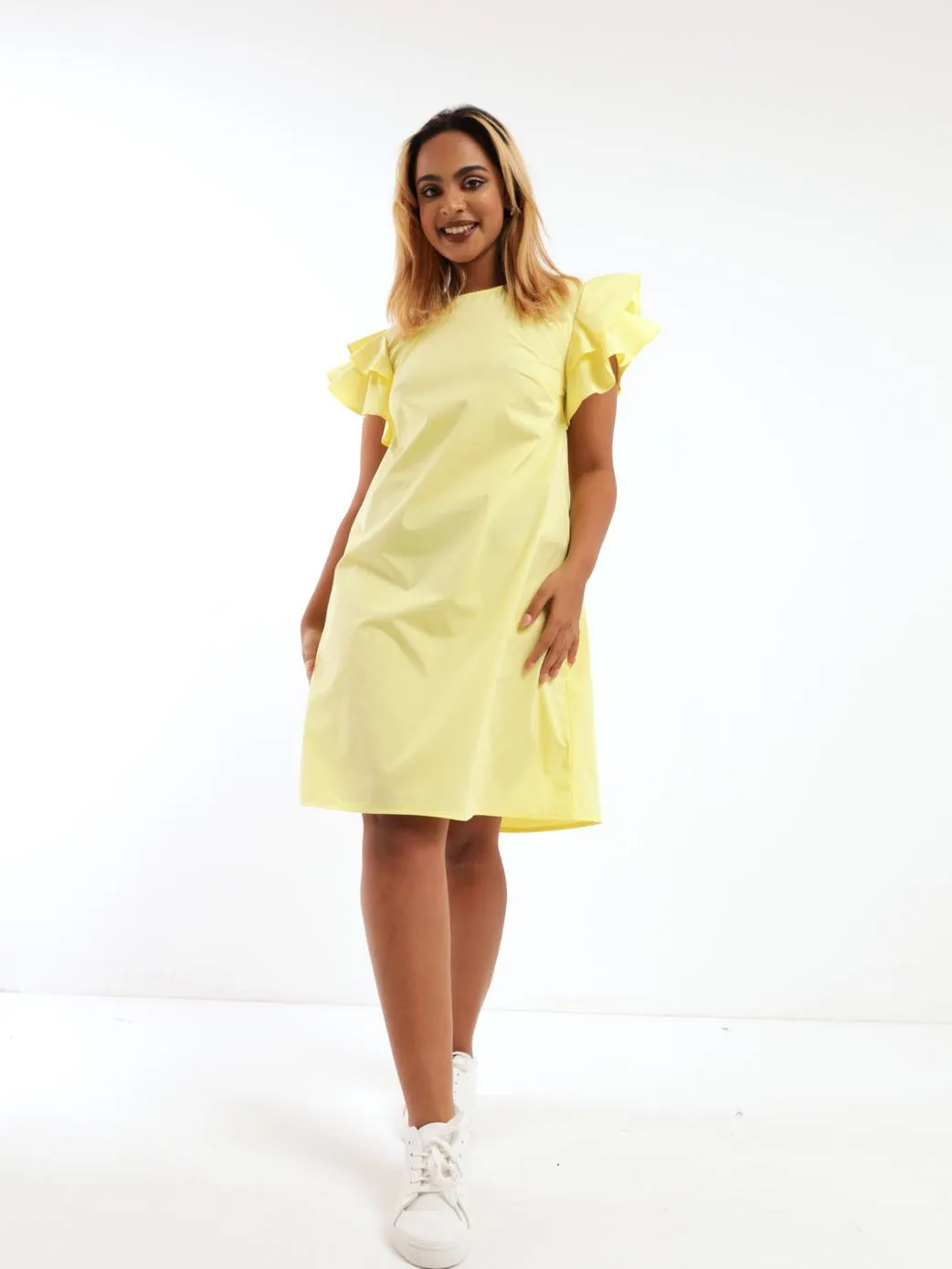 Ladies Frill Shift Dress - Yellow