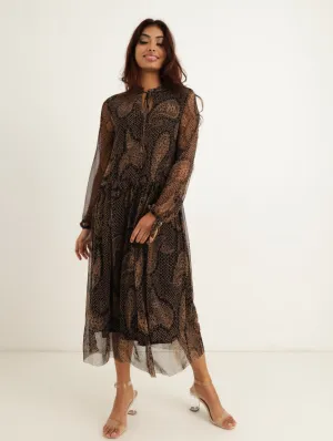 Ladies Long Sleeve Paisley Print Mesh Shift Dress - Black