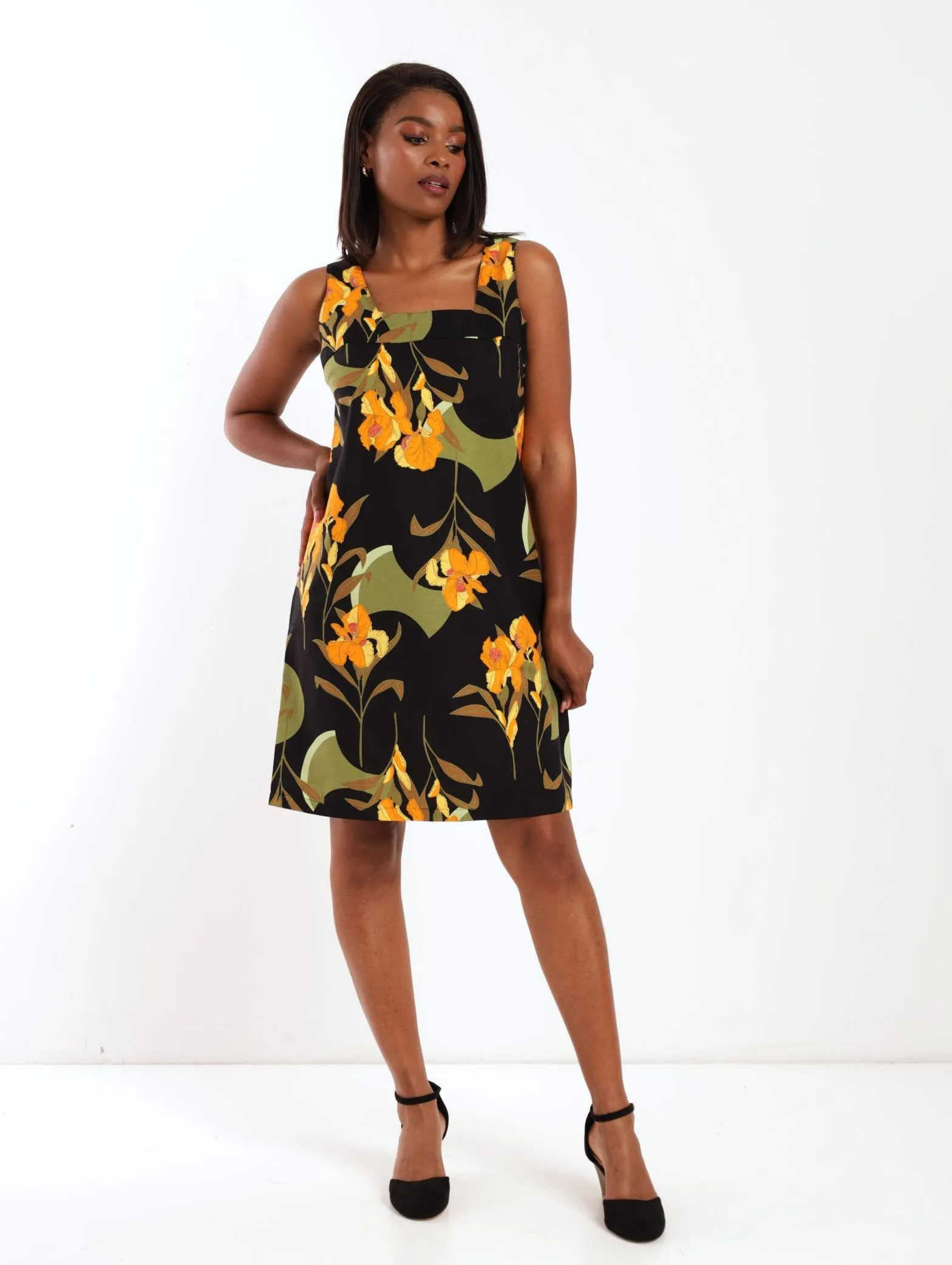 Ladies Square Neck Wasited Shift Dress