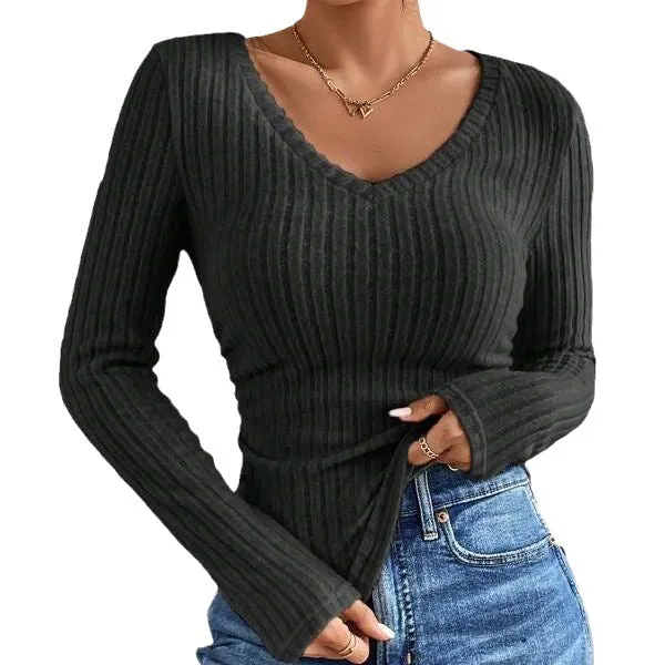 Leyla Cashmere Top - Stylish Ribbed V-Neck for Woman